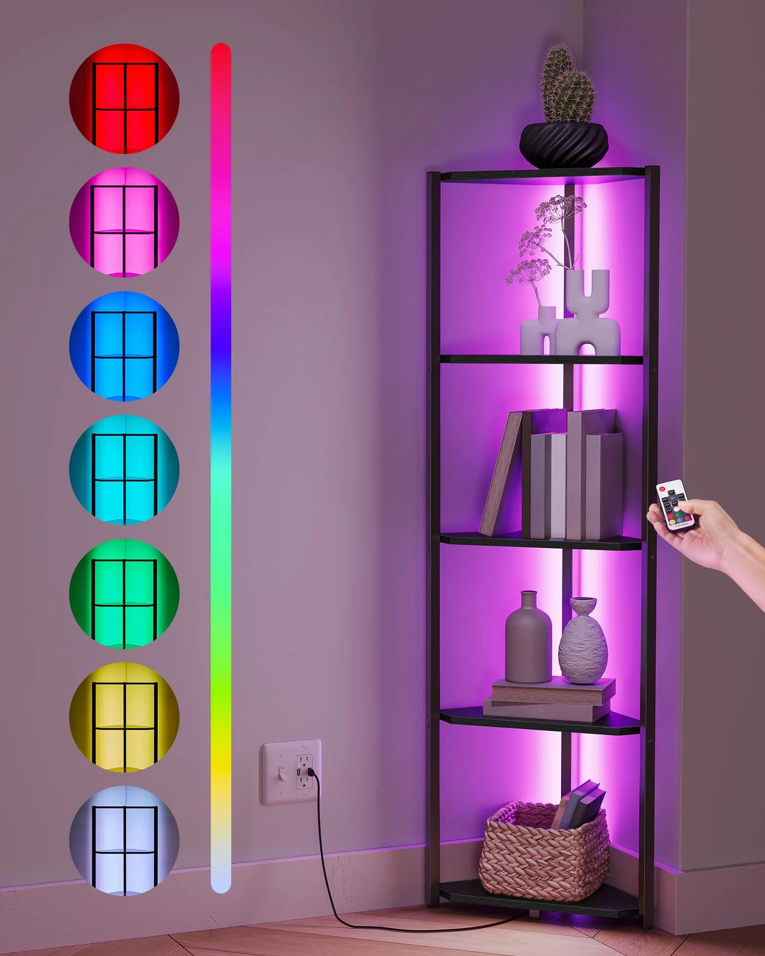VASAGLE regał narożny 5-poziomowy z diodami LED, stalowa rama, 24,8 x 48 x 147 cm, czarny LBC590B02