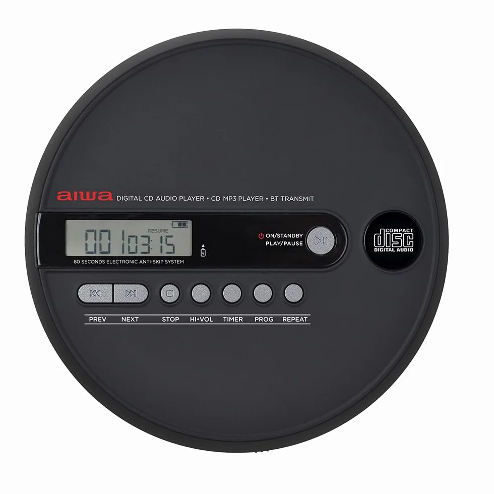 AIWA PCD-1000BT Przenośny odtwarzacz CD do odtwarzania płyt CD/CD-R/RW/MP3, antywstrząsowy, nadajnik Bluetooth i akumulator, kolor czarny