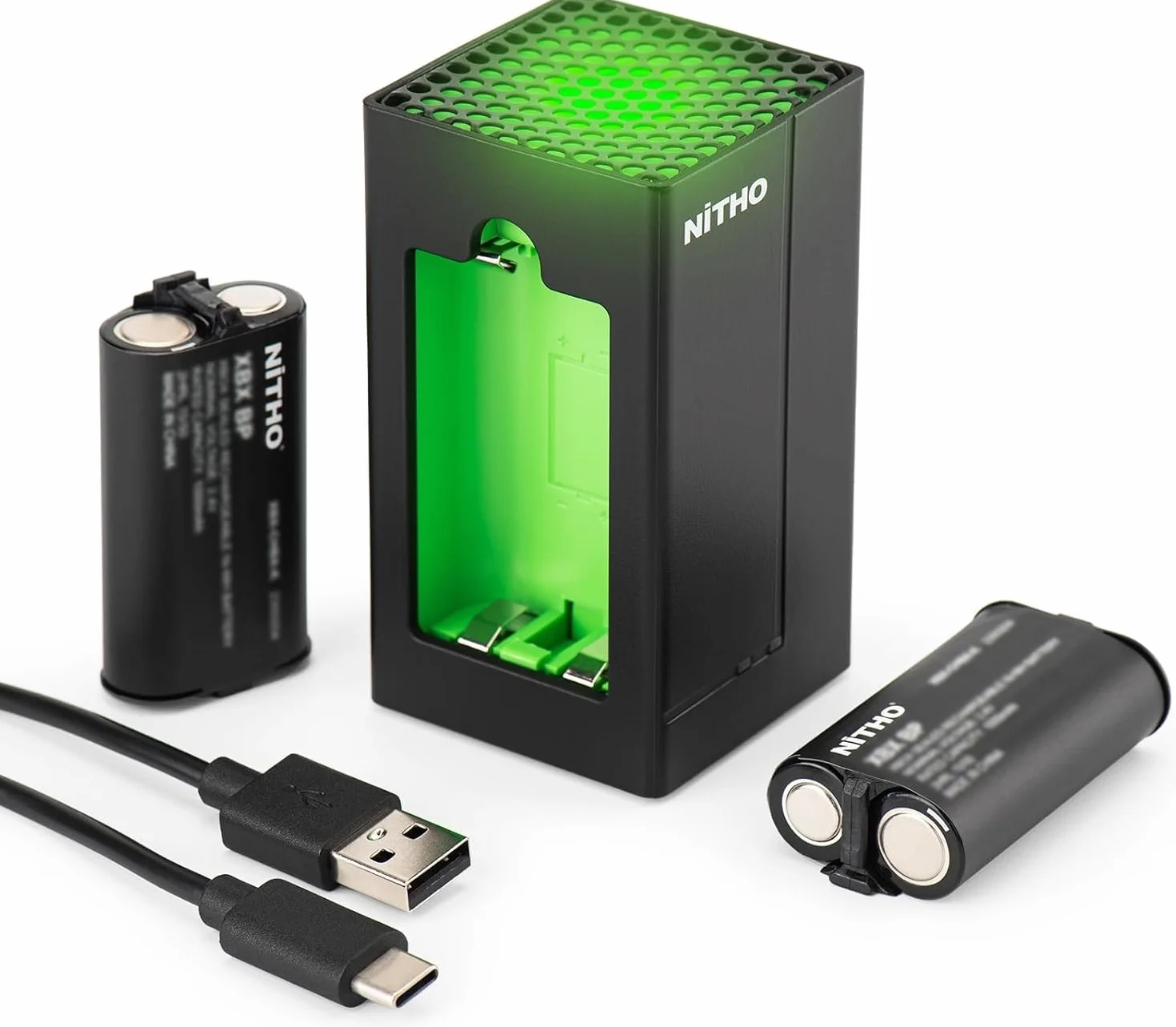 NiTHO stacja ładująca kompatybilna z konsolą Xbox One/Xbox Series X/S kontroler, 2 akumulatory w zestawie, kompaktowa stacja ładująca z zielonymi światłami otoczenia i diodami LED stanu ładowania