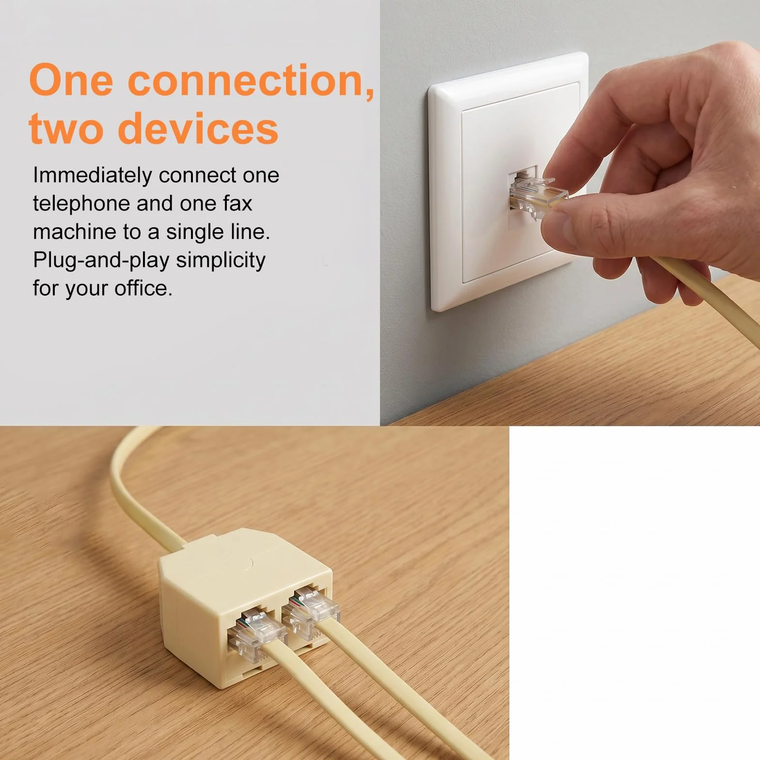 HENGBIRD 2 sztuki rozdzielacz do telefonu RJ11 na 2, adapter do telefonu 6P4C, wtyczka RJ11 na 2 gniazda RJ11, rozdzielacz kabla telefonicznego do telefonu i faksu, beżowy