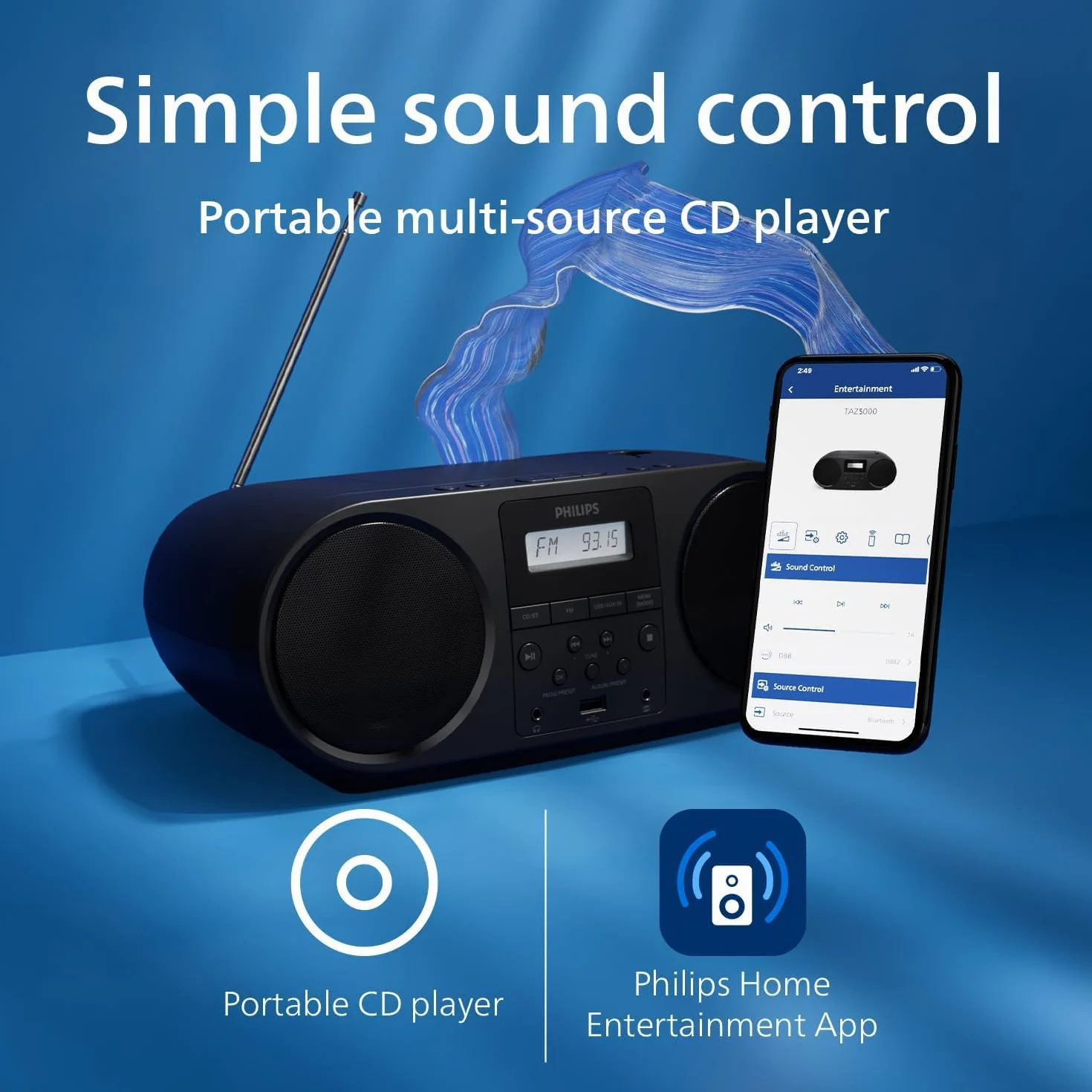 Philips Uniwersalny odtwarzacz CD TAZ5000 z radiem FM, Bluetooth 5.4, portami USB, dynamicznymi basami, gniazdem sluchawkowym 3,5 mm, zasilany z baterii/sieci (AC), wykonany z materialów z recyklingu