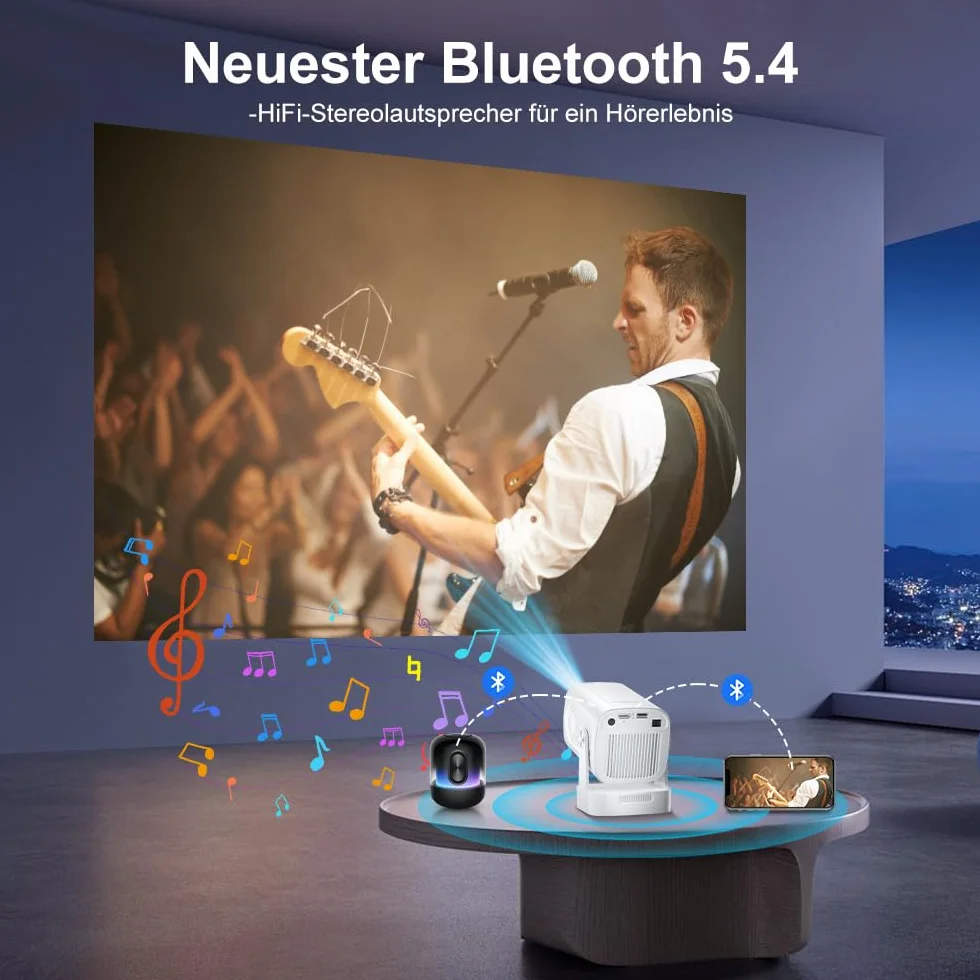 HY260pro Inteligentny Projektor 4K, Mini Projektor z WiFi 6 Bluetooth 5.4, 1080p Full HD, Przenośny Projektor z Systemem Android 14.0, Obrót o 270°, Do Sypialni, na Zewnątrz