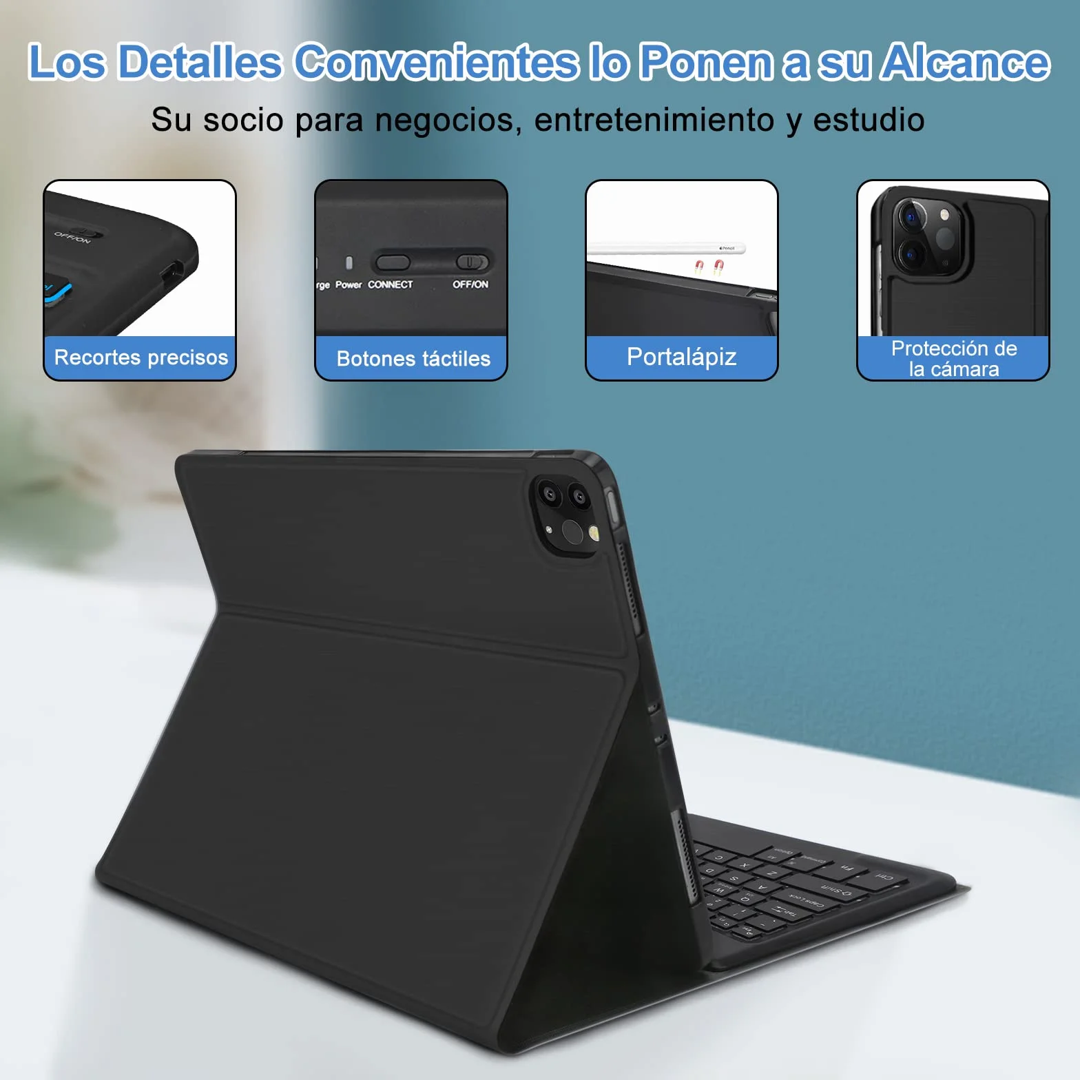 FOGARI Etui na klawiaturę iPad Pro 12,9 6. 2022/5th 2021/4. 2020/3rd Gen 2018, cienkie etui na laptopa z uchwytem na długopisy, hiszpańska bezprzewodowa odłączana klawiatura, czarny