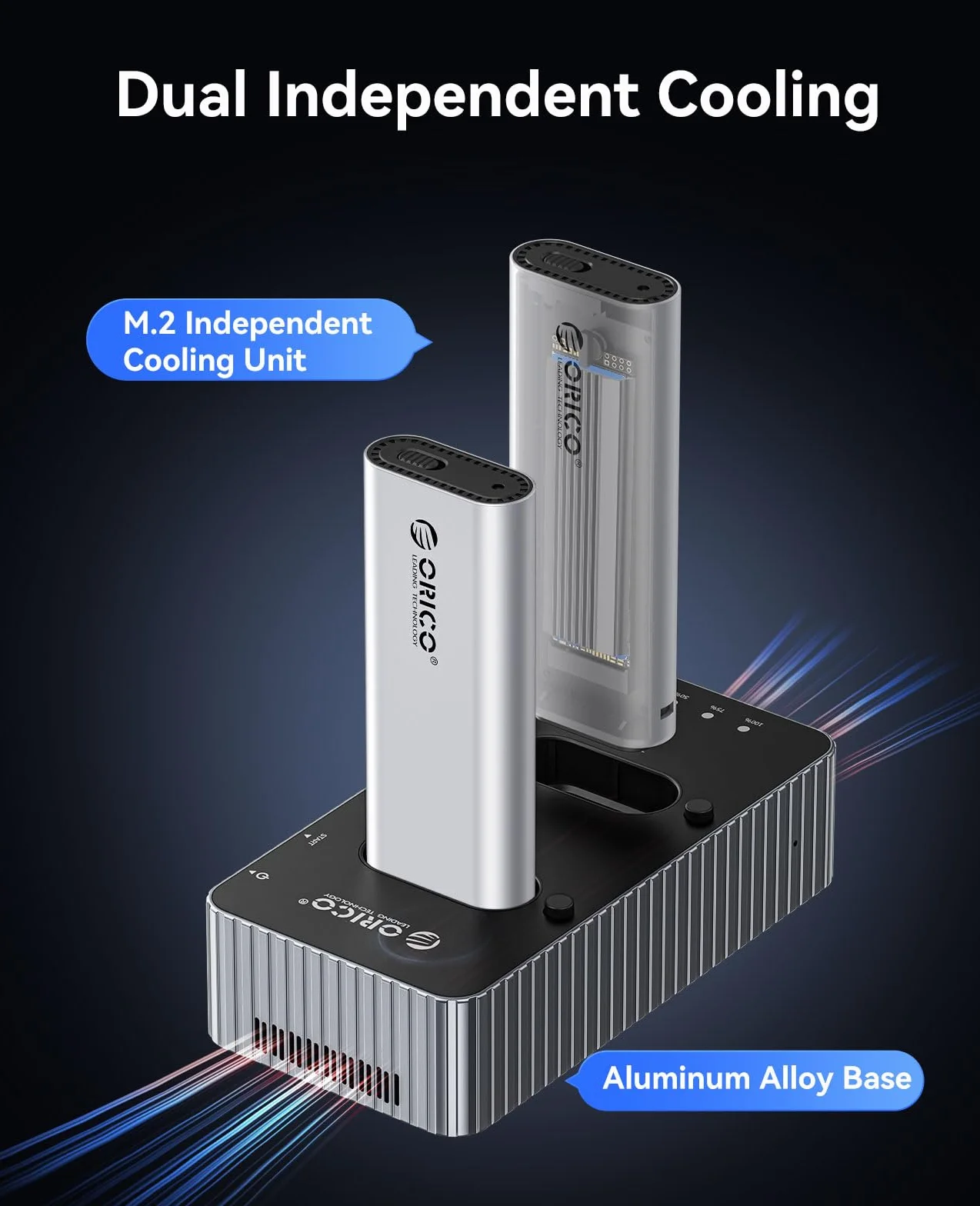 ORICO M.2 NVMe SSD Clone Stacja dokująca, 40 Gbps M2 NVMe SSD Cloner Dock, Dual Bay M.2 NVMe SSD stacja dokująca z wentylatorem, obsługuje klonowanie offline, kompatybilna z NVMe SSD 2230/2242/2260