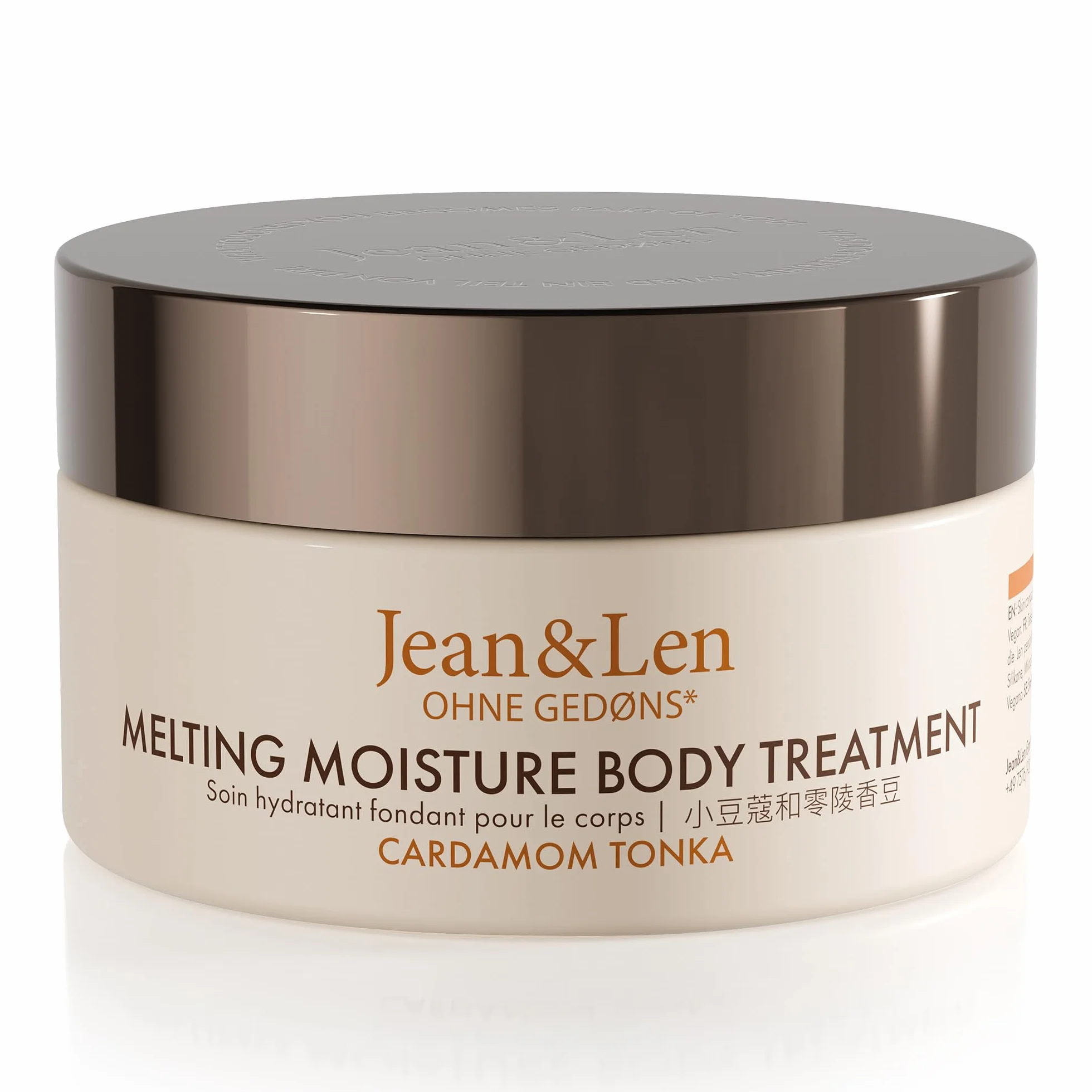 Jean & Len Melting Moisture Body Treatment Cardamon & Tonka, pachnący efekt pielęgnacji, do skóry normalnej, wysokiej jakości tygiel, pielęgnujące masło do ciała, bez parabenów i silikonów, wegańskie,