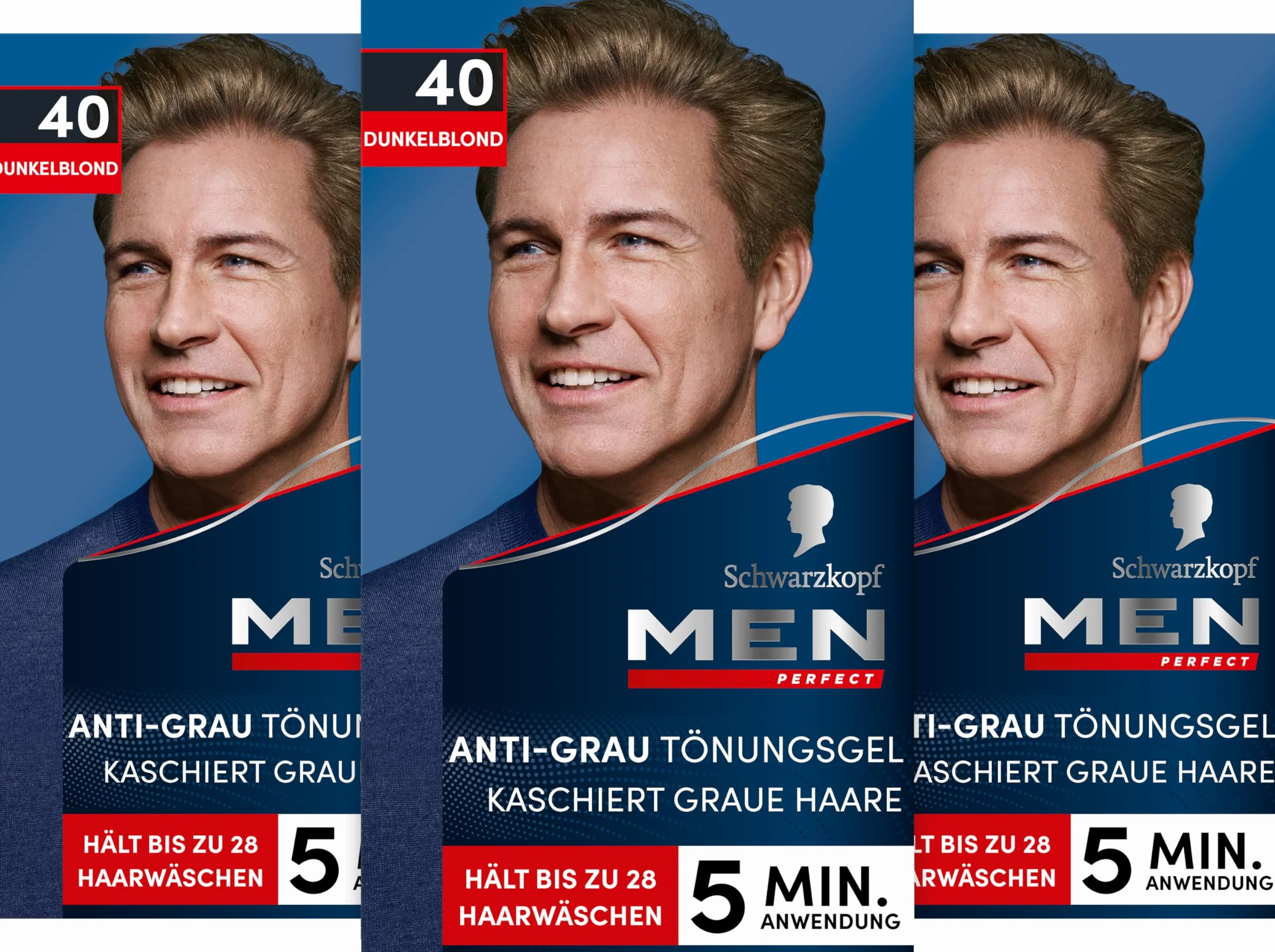Schwarzkopf Men Perfect Męski odsiwiacz do włosów w żelu, 40 Naturalny Ciemny Blond, trójpak (3 x 80 ml)