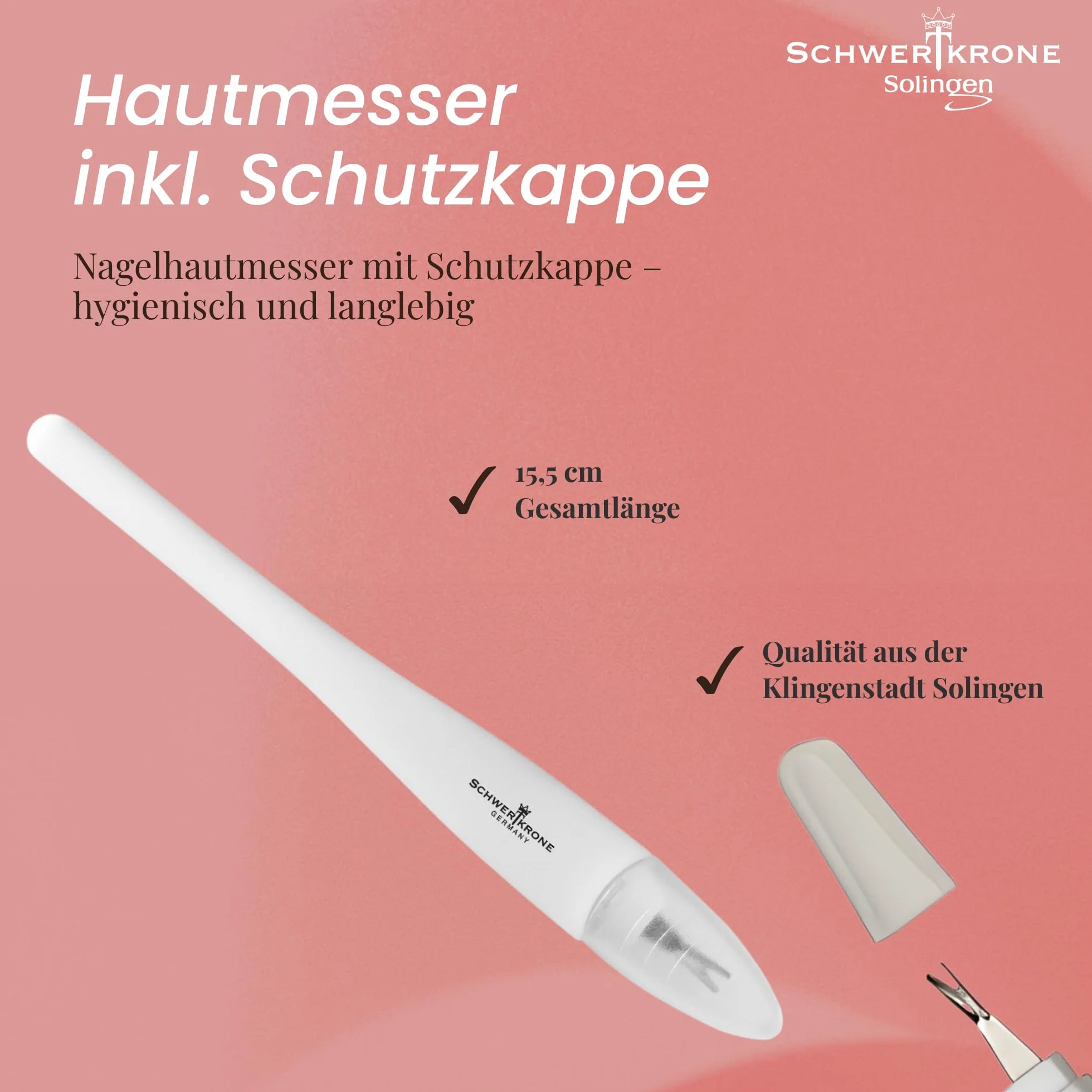 Schwertkrone® Solingen nóż do usuwania skórek z ostrzem w kształcie litery V, z nasadką ochronną – Made in Germany