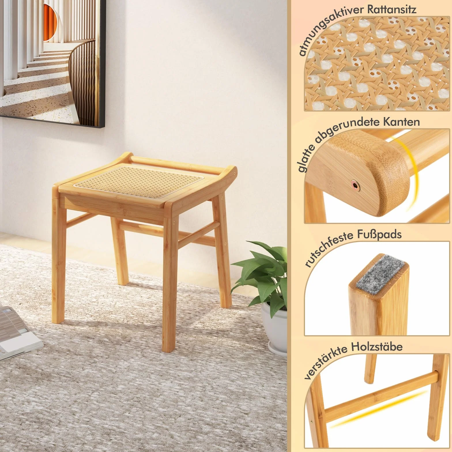 COSTWAY Taboret do siedzenia z bambusa, obciążenie do 120 kg, rattanowy, do garderoby