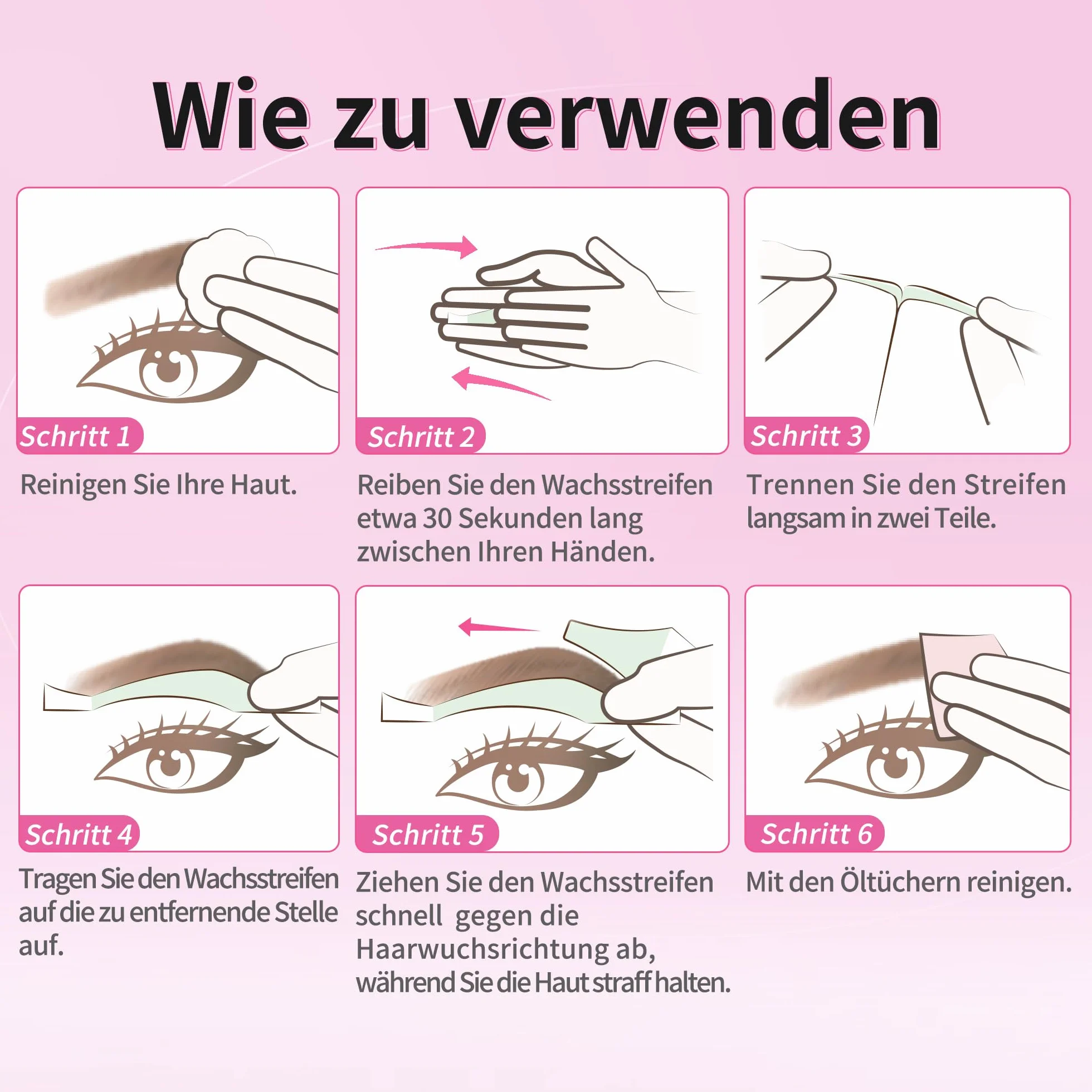 Beauty7 Wstępnie przycięte wstążki woskowe do brwi, 24 szt., pasek, czyste z 4 ściereczkami do czyszczenia oleju, bezboleśnie