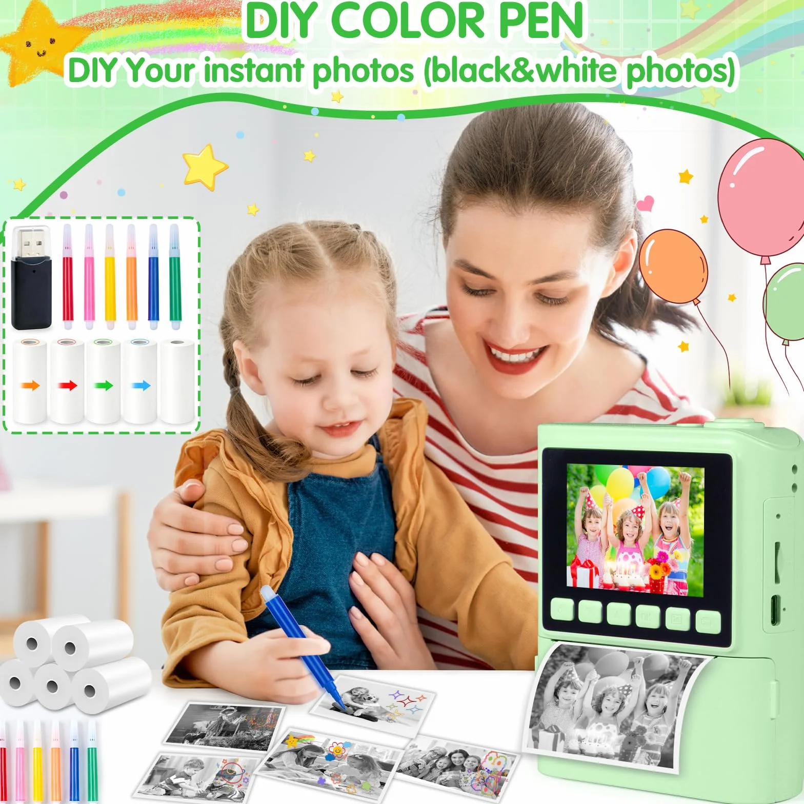 Aparat dla dzieci, natychmiastowy aparat fotograficzny z kartą 32 G i papierem fotograficznym, 2,4 cala, aparat cyfrowy 1080p HD, dla dzieci, zielony