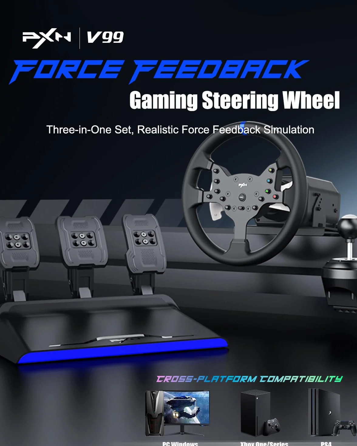 PXN V99 Kierownica do gier, Driving Force Feedback Kierownica z pedałami i zmianami - 3,2 nm, 270° i 900°, 11,8 cala, 4 peddle Shifters, narzędzia APP - wyścigowa kierownica do PC, Xbox, PS4