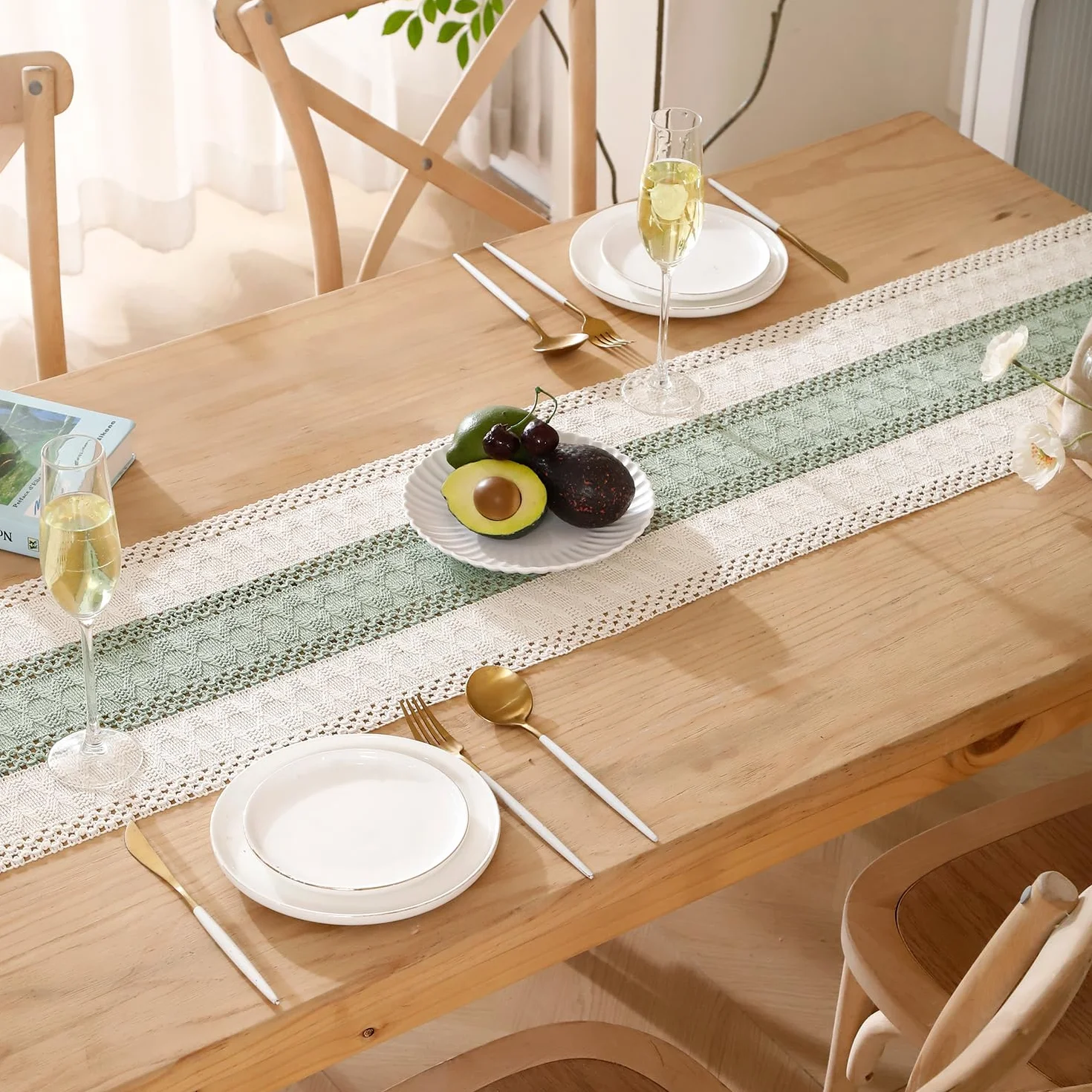 Bieżnik na stół eukaliptusowy 30 x 100 cm bawełna len makrama boho