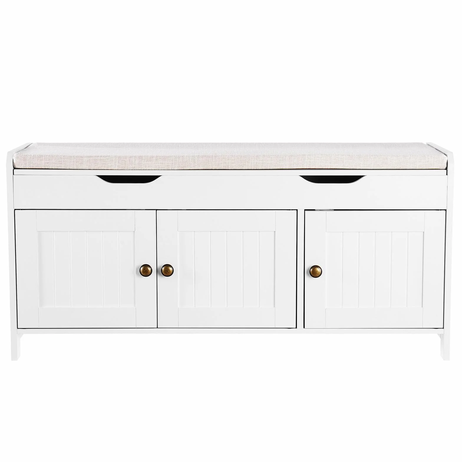 VEVOR Ławka na buty 105 x 35 x 50,3 cm, ławka wejściowa z 3 szafkami, półka z regulacją wysokości, organizer na podnoszoną tacę, poduszka do siedzenia, 113,4 kg, do sypialni, korytarza, biała i szara