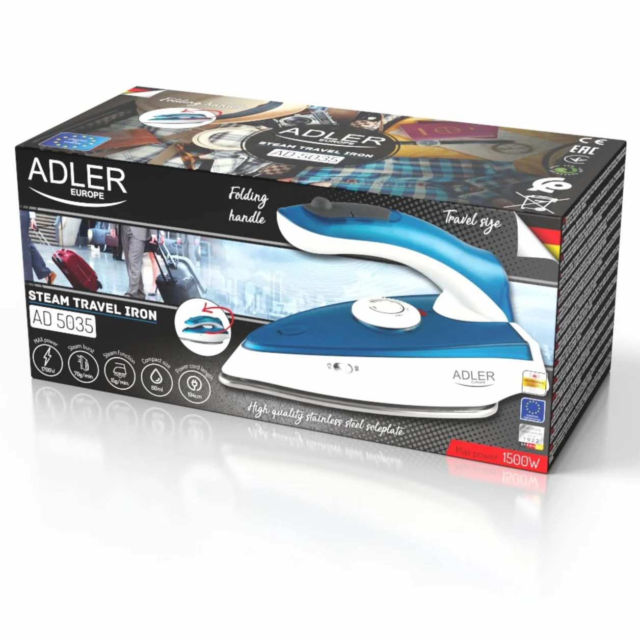 ADLER EUROPE AD5035 Podróżne żelazko parowe 1700W 60ml 15g/min składaną rączką