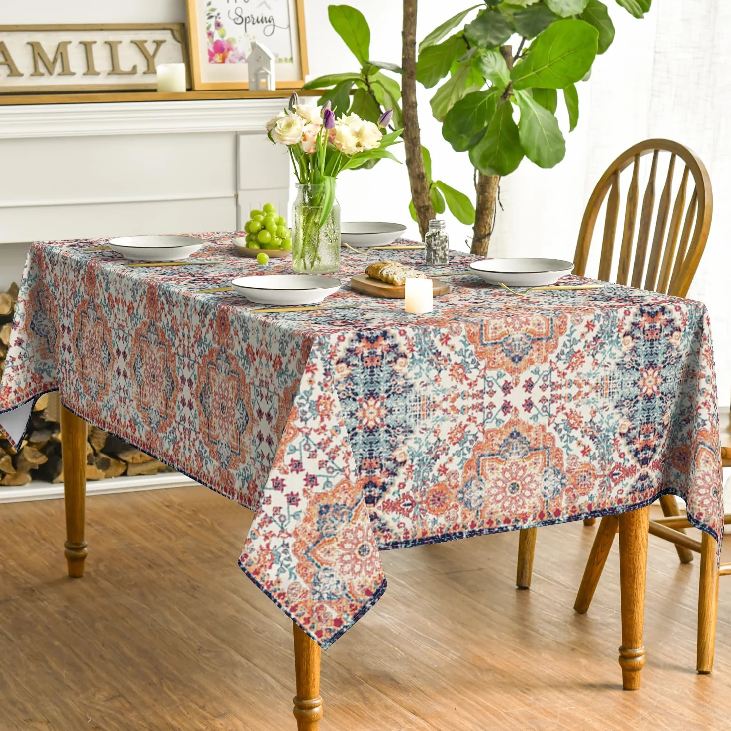 Boho Vintage Obrus 140 x 220 cm Marokański Styl Geometria Kolorowy Ochrona Przed Plamami