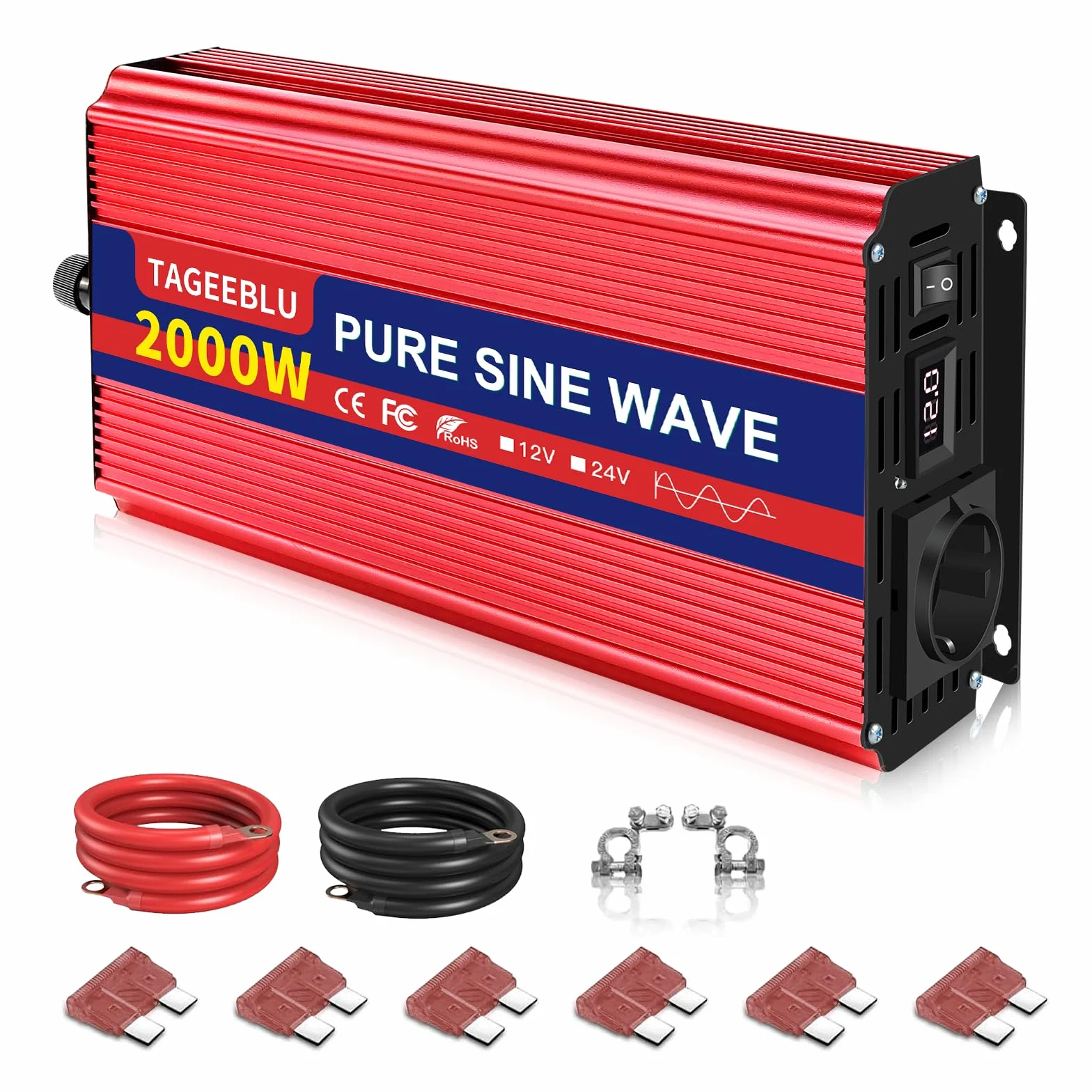 2000W Czysty falownik sinusoidalny DC 12V do AC 230V przetwornica napięcia, falownik do pojazdów z zaciskiem krokodylkowym, 1 gniazdo AC i wyświetlacz LCD