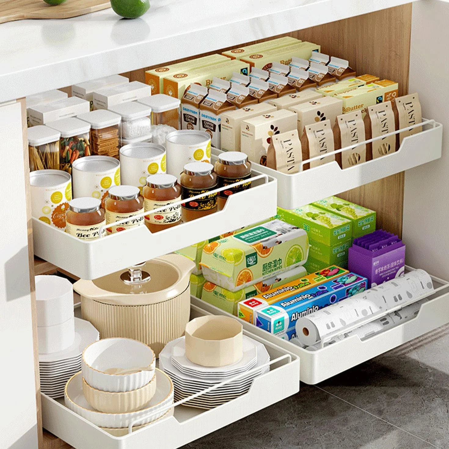 Wysuwana szuflada kuchenna 43 x 25 x 7,5 cm teleskopowa ze stali węglowej i tworzywa sztucznego organizer