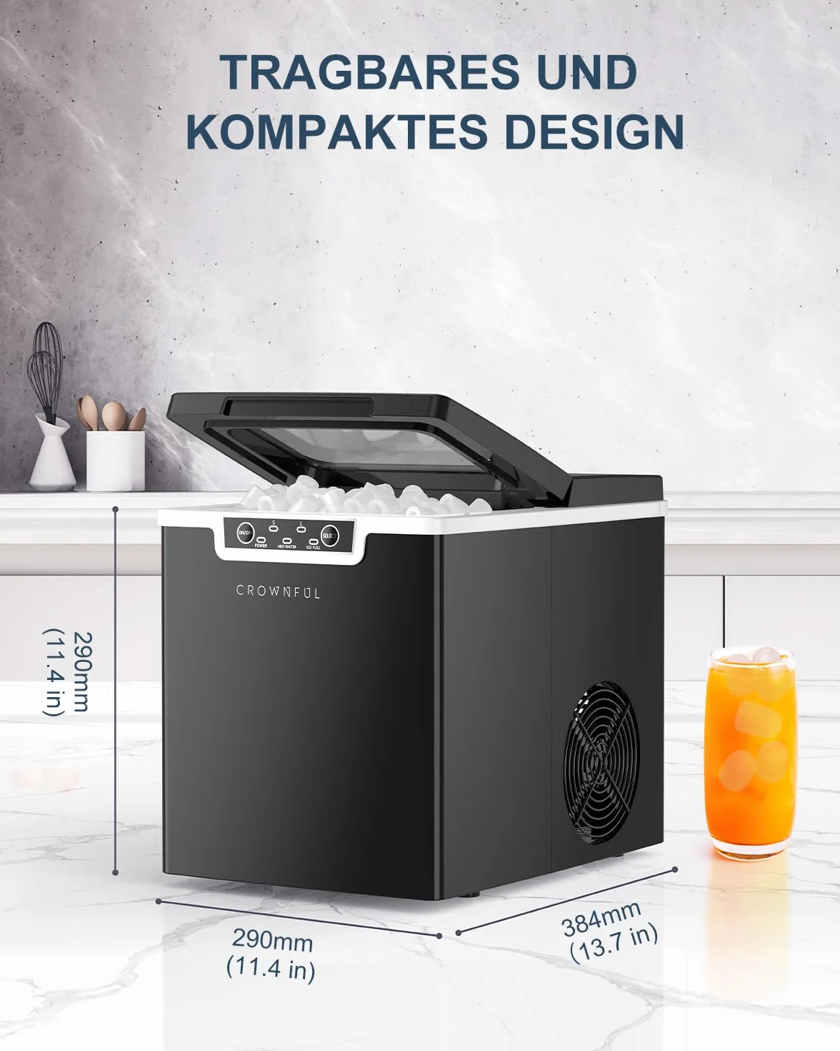 CROWNFUL Kostkarka do lodu, maszyna do lodu, 9 kostek lodu gotowe w 8-10 minut, 26 lbs w 24 h, elektryczna maszyna do lodów z szufelką i koszem, czarna