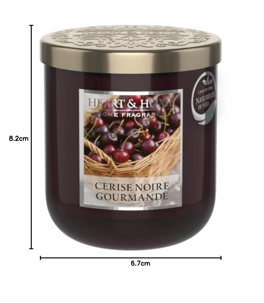 HEART & HOME świeca zapachowa z naturalnego wosku sojowego do domu, mała słoik z czarnej wiśni dla smakoszy, czas palenia 30 godzin, prezent, dekoracja i zapach do domu