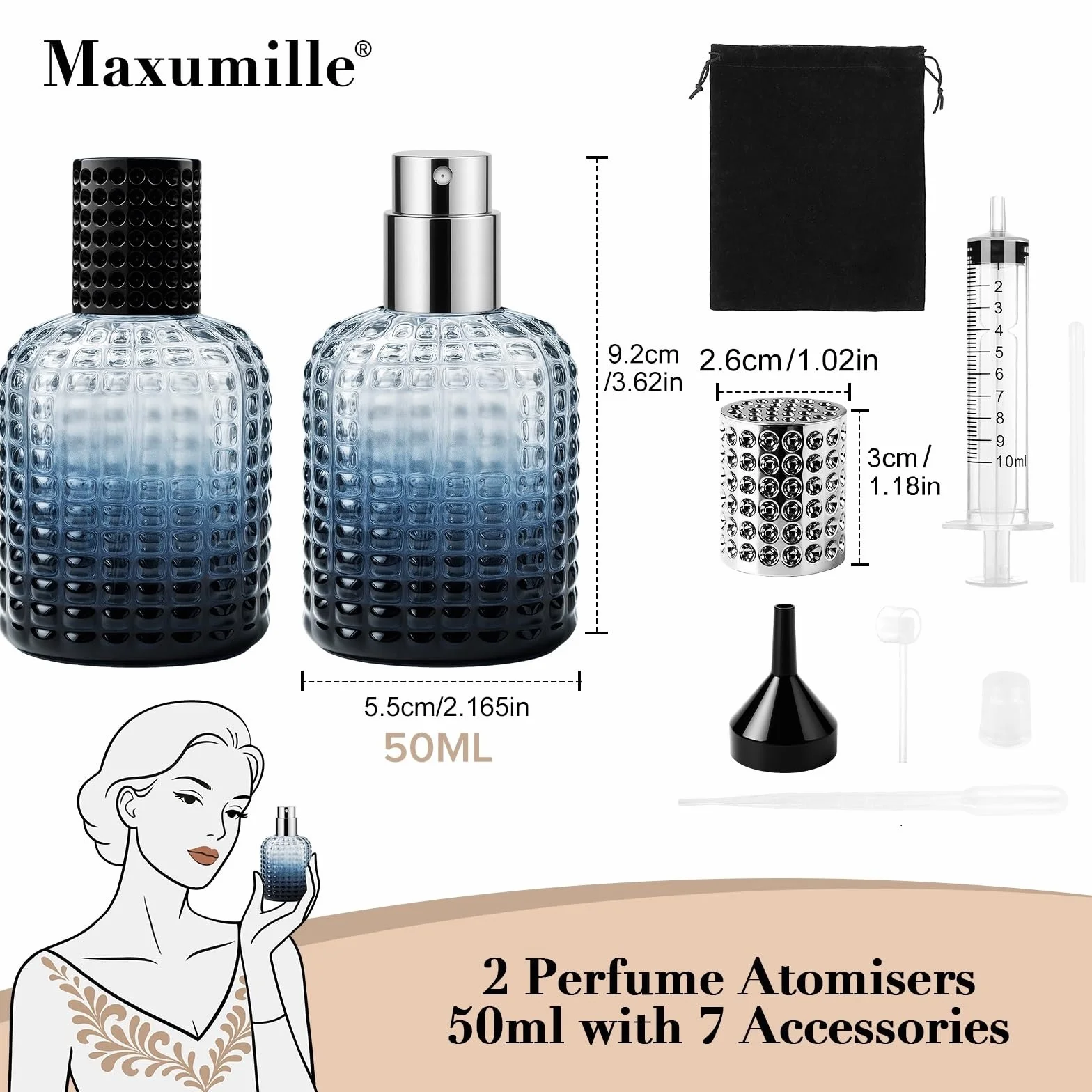 2 sztuki 50 ml Lege zestaw perfum, hervulbare Gradient Blauw ananas perfumy met Zakken voor Reizen, Werk, Afspraken, Glazen Verstuiver Spray Flesjes voor Essentiele Oliën, Aftershave