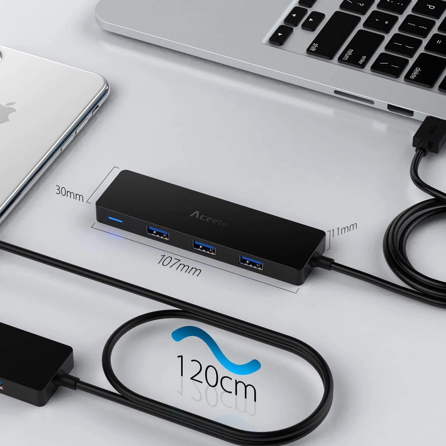 Aceele USB 3.0 Hub 4 Porty Wieloportowy hub USB 5Gb/s z Kablem 120cm Koncentrator USB 3.0 z 4 Portami do PS4, Xbox 360, MacBook, Pro/Mini, iMac, Dell XPS, Surface Pro 6/5, Chromebook itp