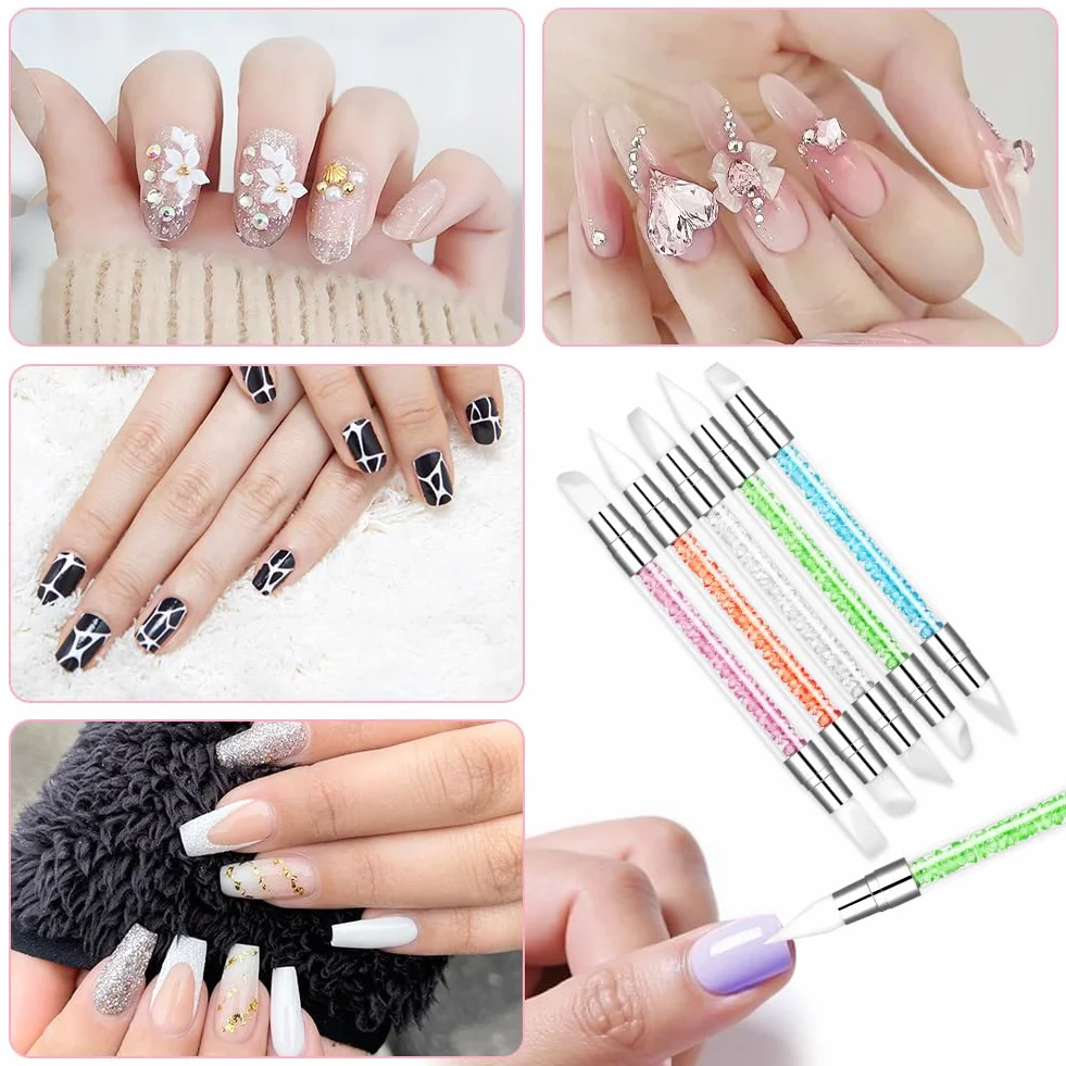 5 sztuk silikonowych pędzli, dwustronne pędzle do nail art, pędzle do zdobienia paznokci, zestaw pędzli do malowania i projektowania sztuki, narzędzie do punktowania i rysowania na paznokciach