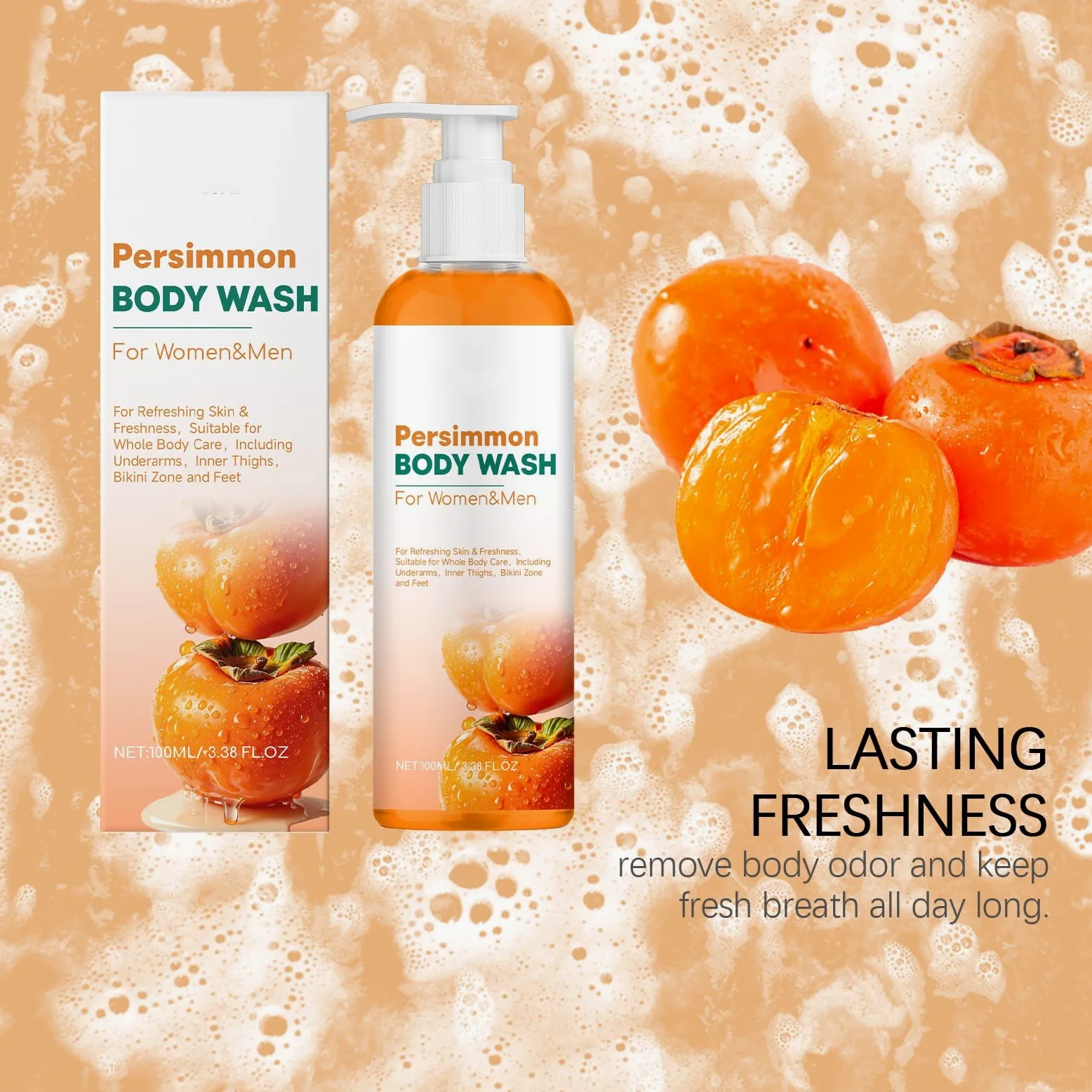 Mydło persimmon Bar Body Wash, naturalny zapach ciała, eliminuje starzenie się zapachów, dezodoryzuje i oczyszcza, delikatne czyszczenie, kontrola zapachu ciała, odświeżający ciało, długi (4 szt.)