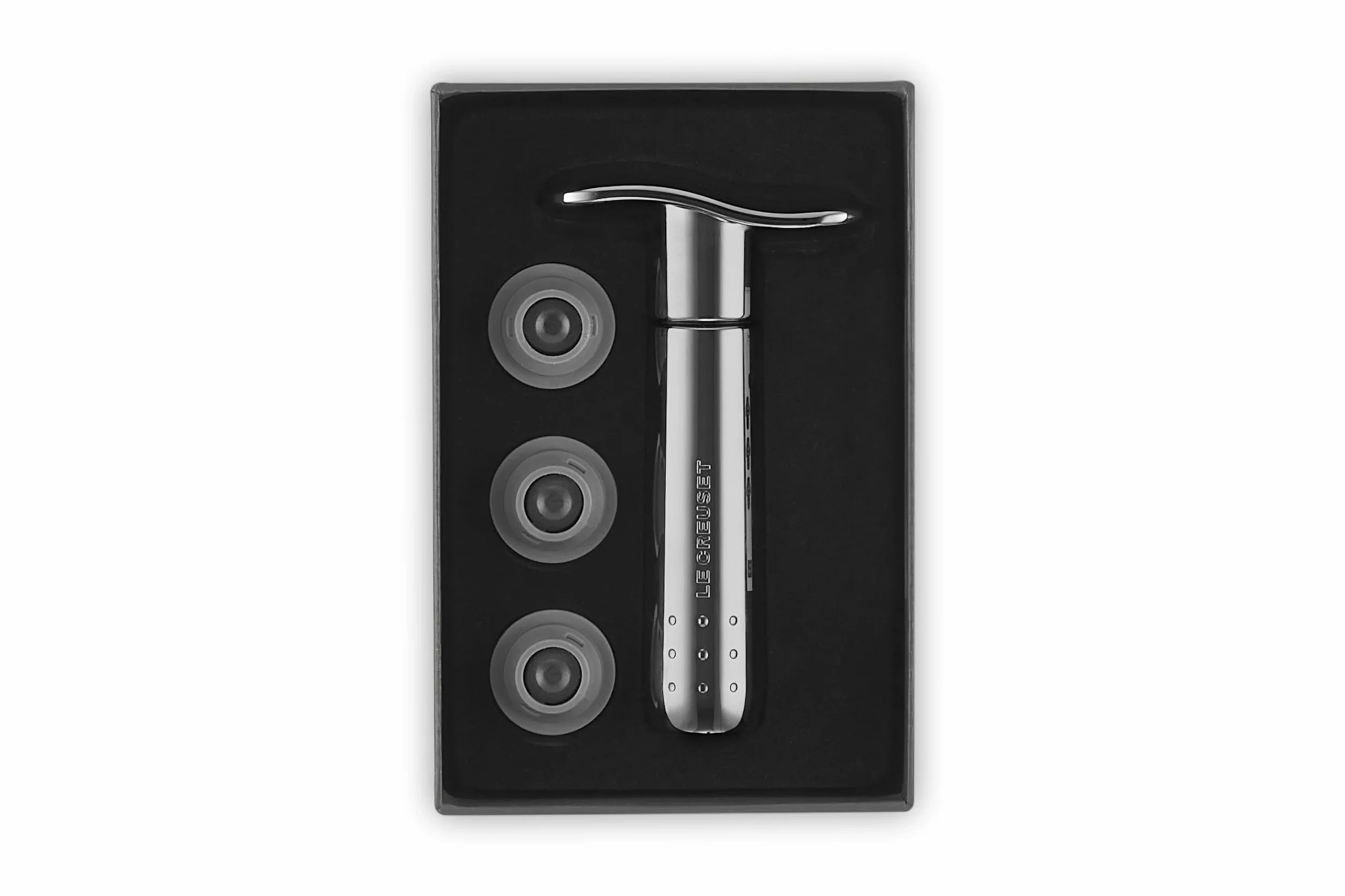 Le Creuset Akcesoria do wina metalowa pompa do wina i 3 stopery, czarny nikiel