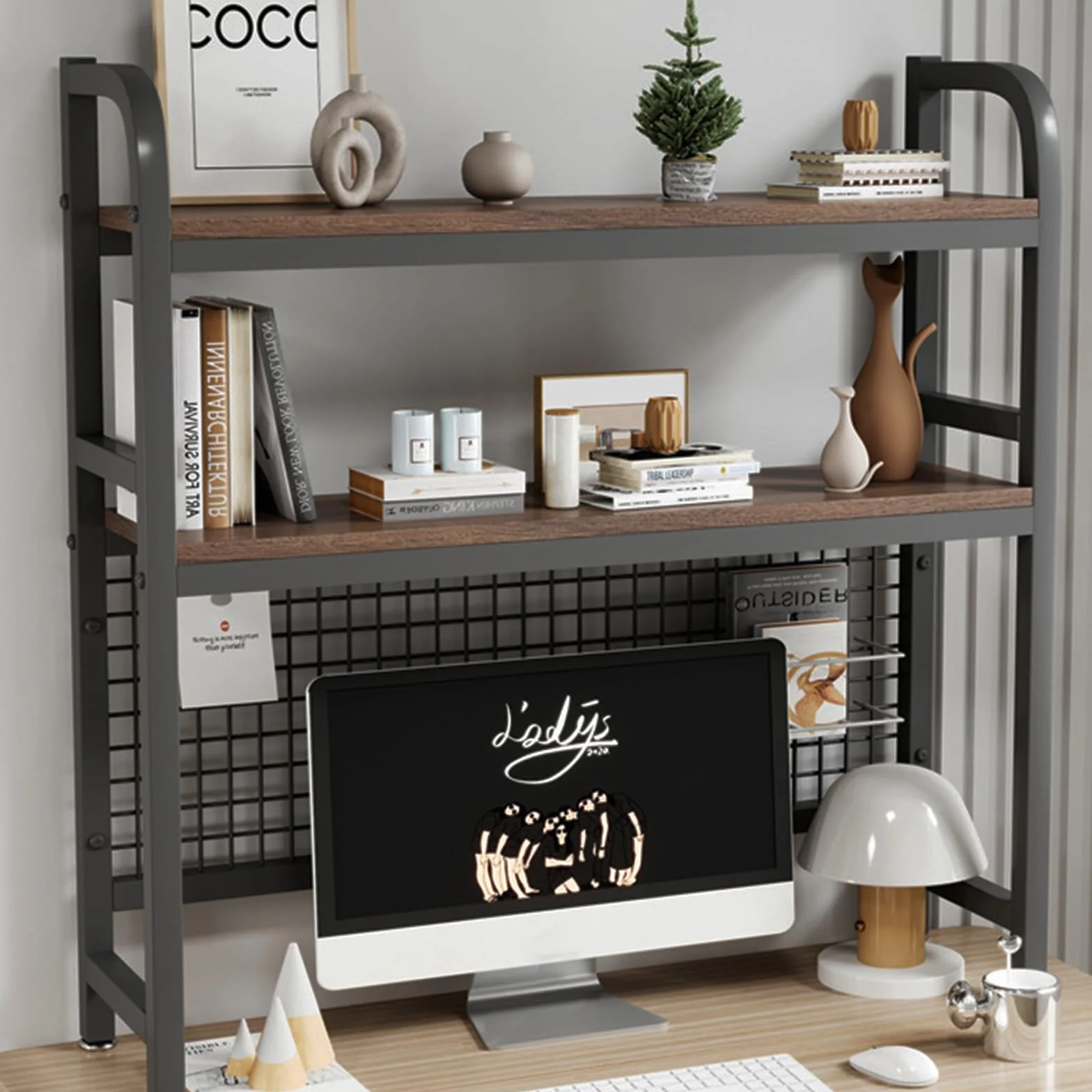 Regał na biurko 2-poziomowy organizer na książki drewno orzechowe czarna rama stal nierdzewna płyta perforowana 115x20 cm
