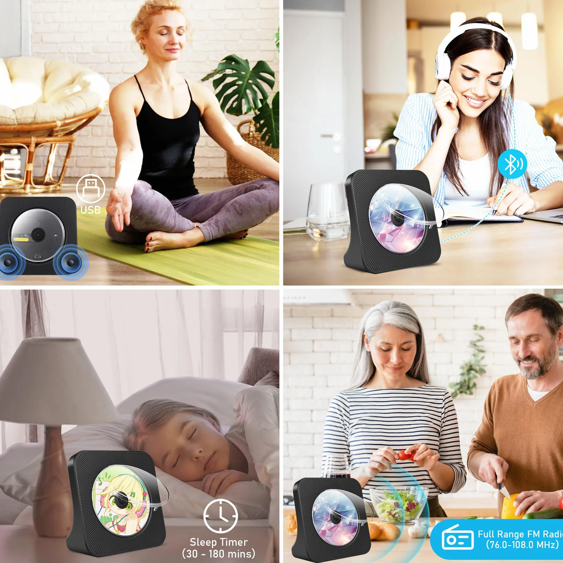 Biurkowy odtwarzacz CD z Bluetooth 5.0, odtwarzacz CD z wbudowanymi podwójnymi głośnikami stereo, przenośny odtwarzacz muzyka z radiem FM/Audio Boombox/AUX/USB