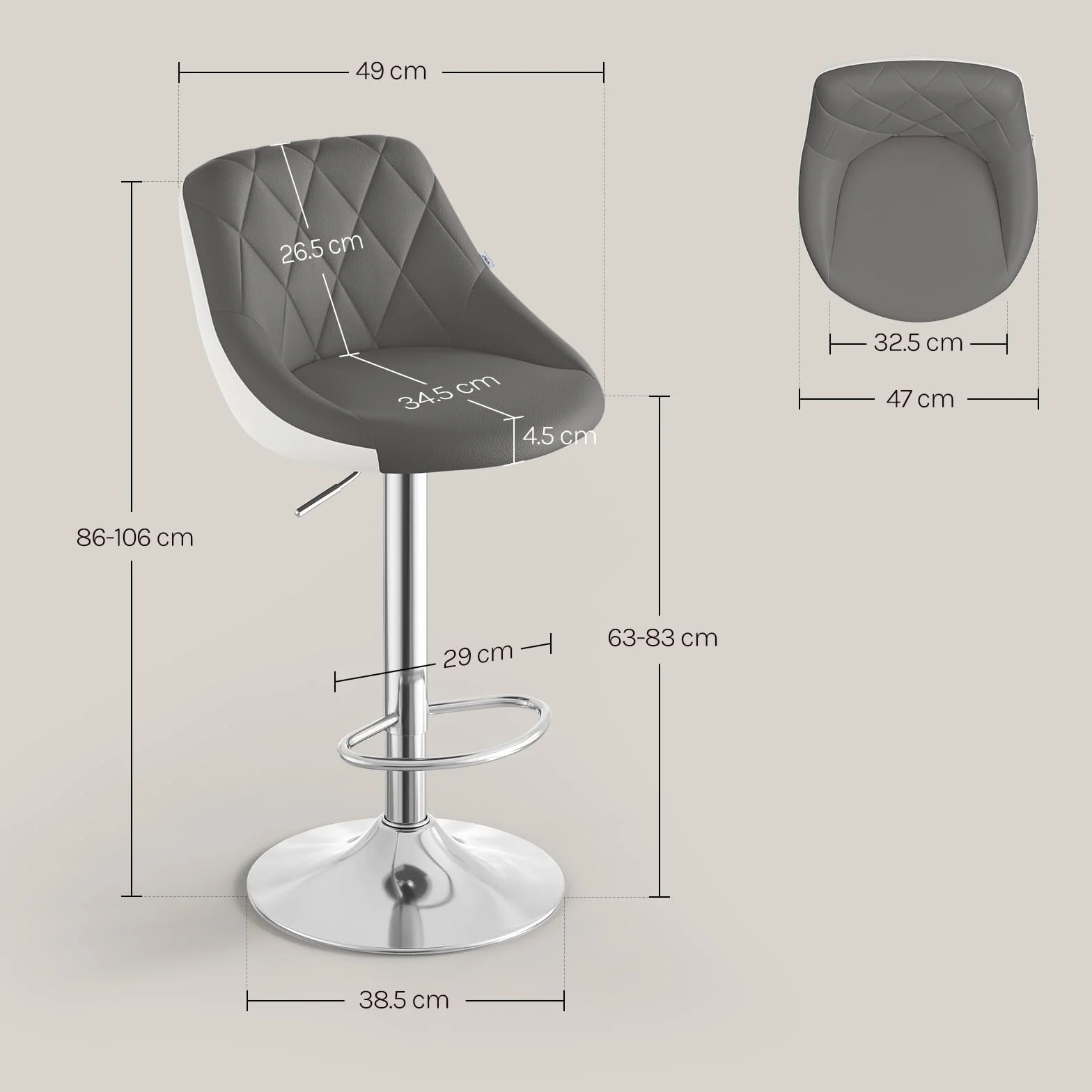 WOLTU Design 2-kolorowy stołek barowy z uchwytem zestaw 2 szt. bezstopniowa regulacja wysokości stal chromowana