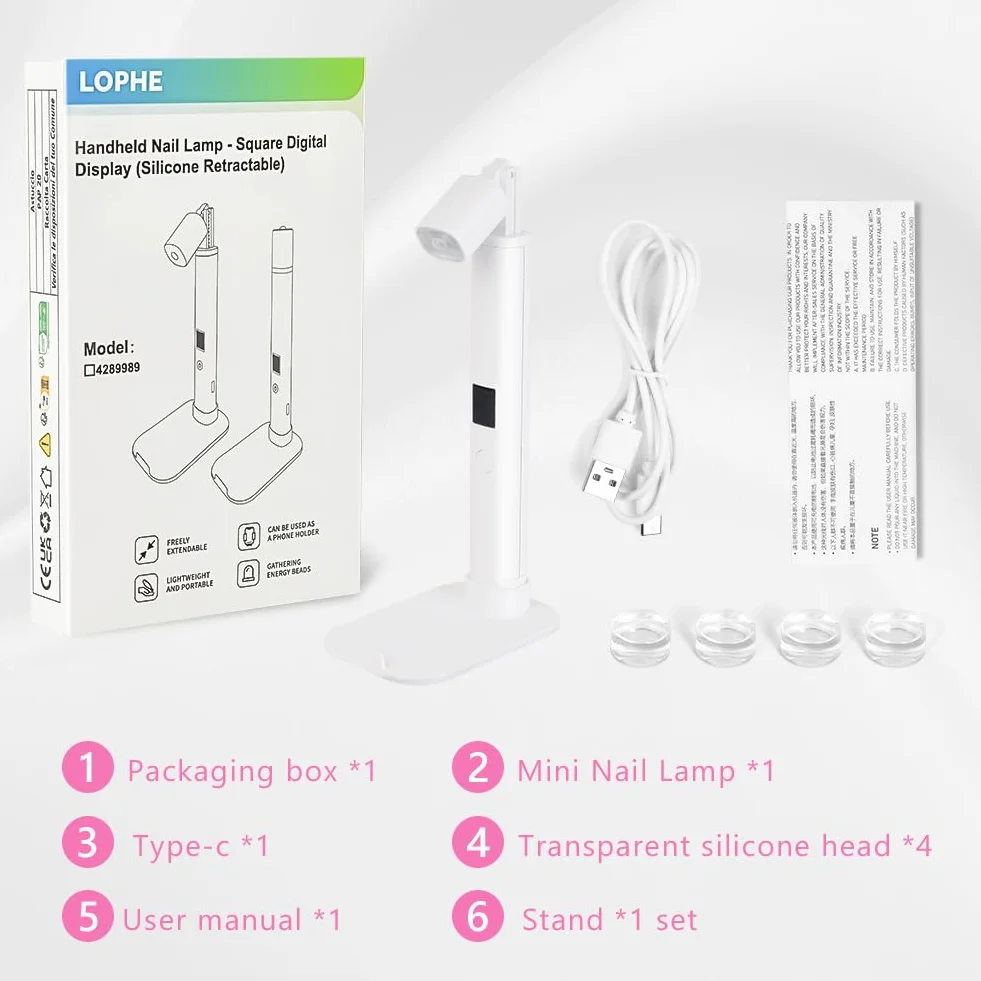 LOPHE Półtrwała lampa do paznokci, lampa UV LED do paznokci, akumulator suszarka do paznokci z 2 timerem 45/60S, do manicure, żel przedłużający żywica DIY zdobienia paznokci, uchwyt teleskopowy