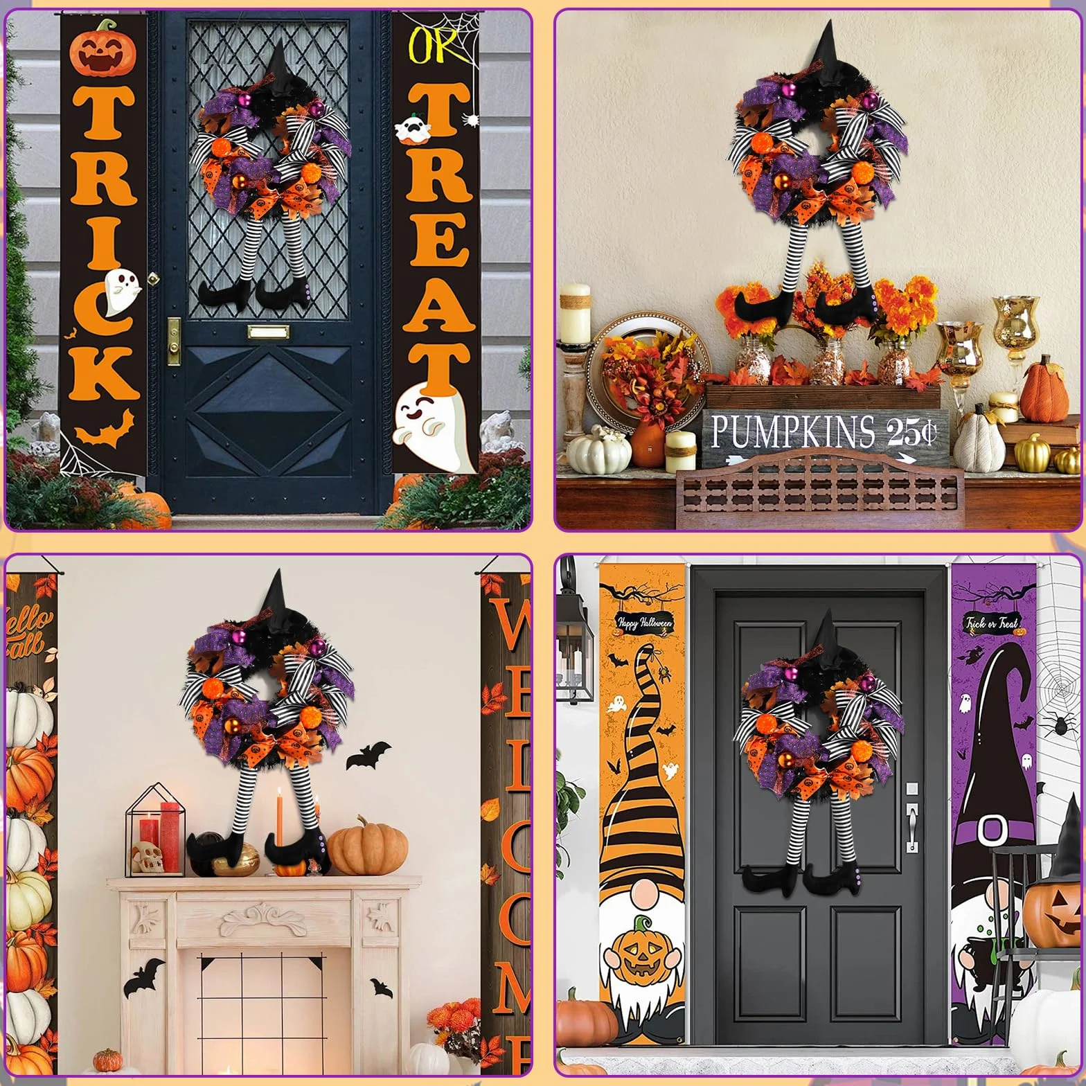 Halloweenowy Wieniec na Drzwi z Nogą Czarownicy, Strasznym Kapeluszem Wiedźmy i Dynią - Dekoracja na Halloween, Podwórko, Werandę, Okna