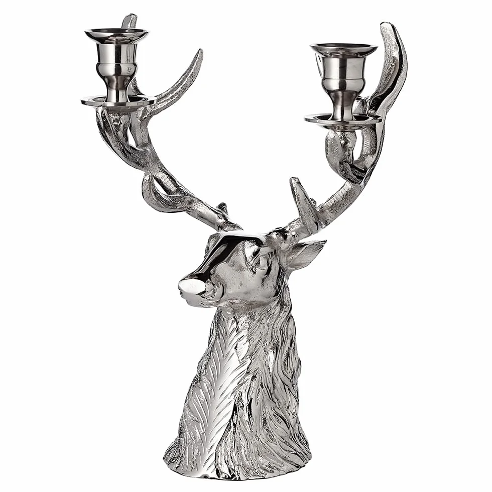 EDZARD Świecznik jeleń aluminium niklowane 33 cm 2 stożkowe świeczki