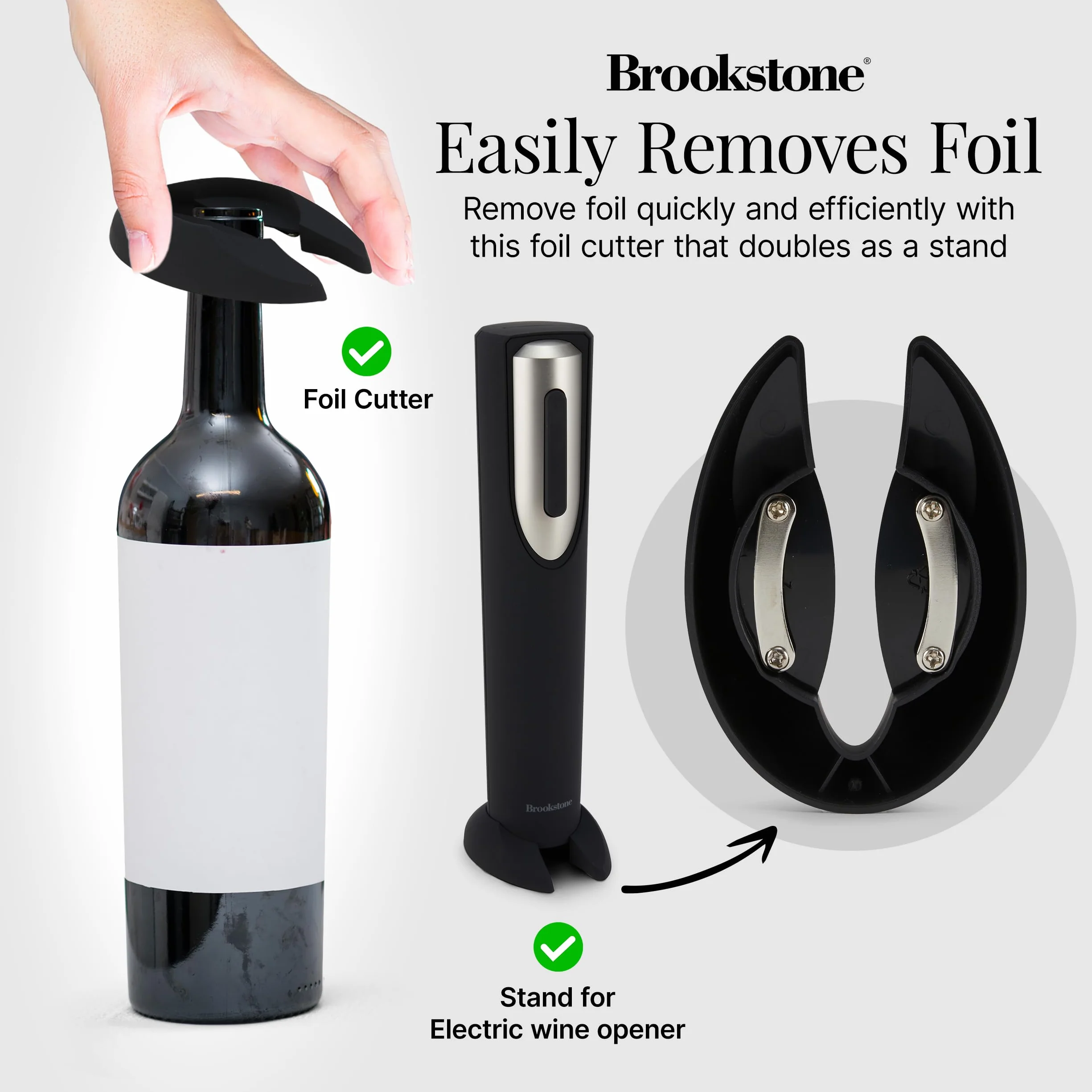 Brookstone Elektryczny Otwieracz do Wina z Nóżem do Folii i Stojakiem - Automatyczny Korkociąg na Baterie