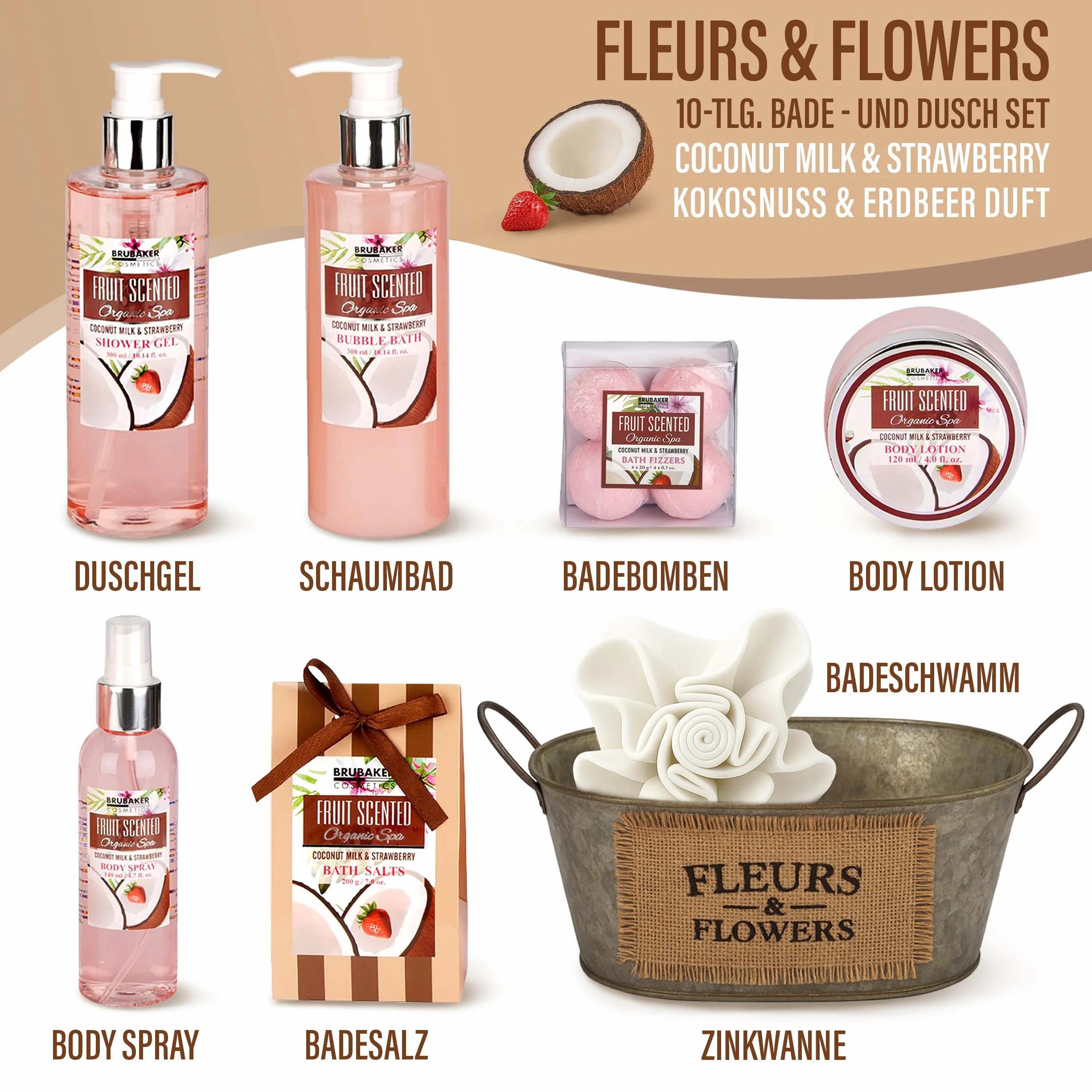 BRUBAKER Cosmetics Bath oraz Shower Set Coconut & Strawberry Scent - 11-Częściowy Zestaw Prezentowy W Wannie Vintage Tub