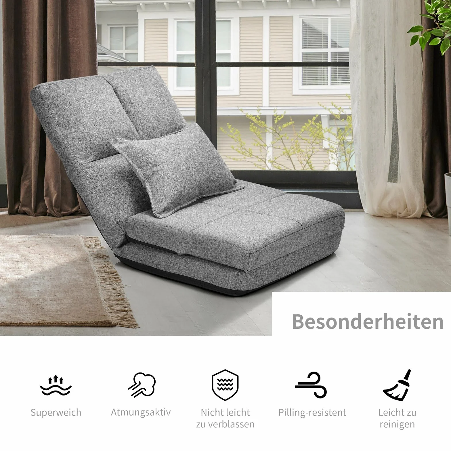 GOPLUS Krzesło podłogowe, fotel podłogowy z 5-stopniową regulacją oparcia i poduszkami, sofa podłogowa z funkcją spania, obciążenie do 100 kg, fotel do czytania, leżak do medytacji, do salonu (szary)