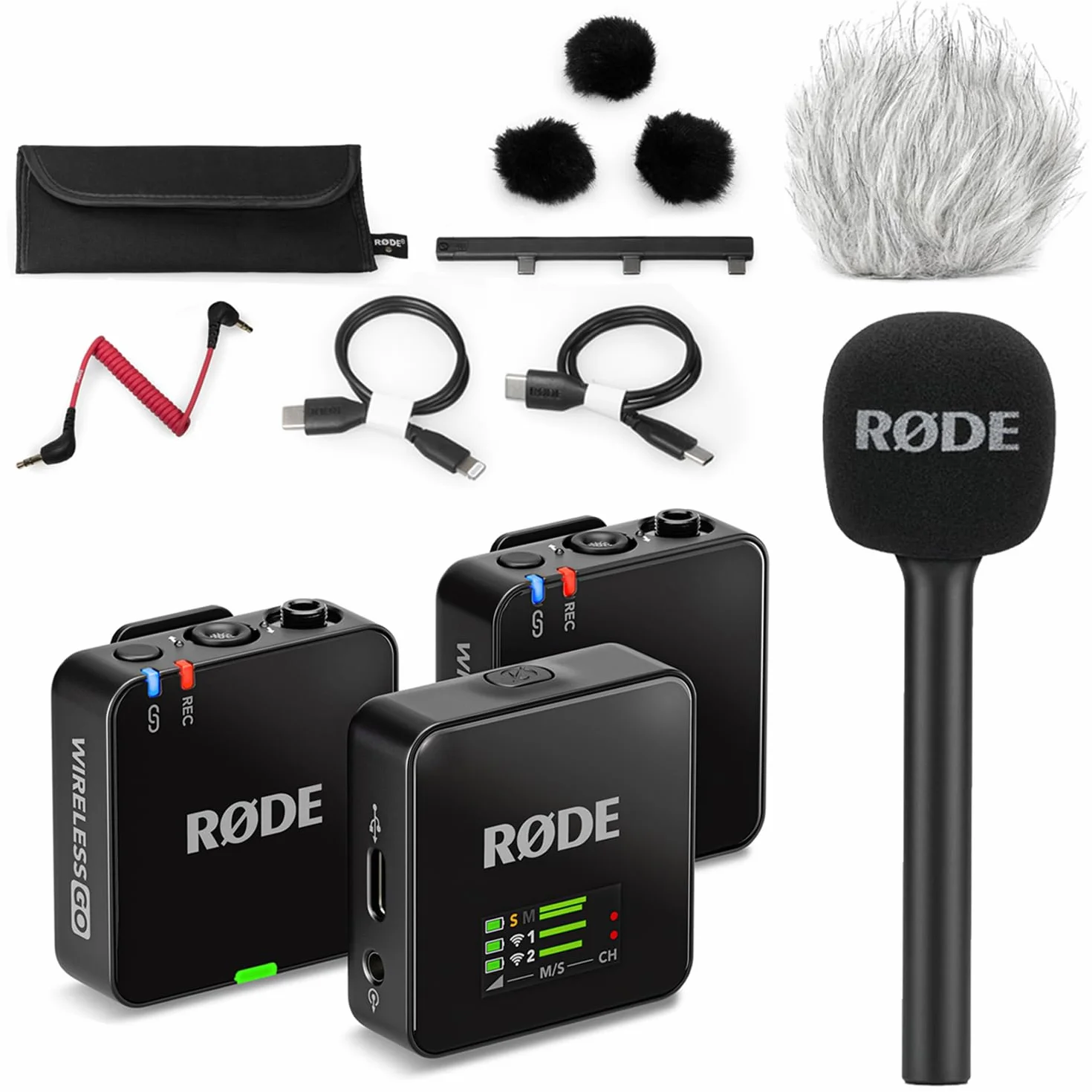 Rode Wireless GO Gen 3 bezprzewodowy 2-kanałowy system mikrofonowy z adapterem ręcznym Interview GO i futrzaną ochroną przed wiatrem
