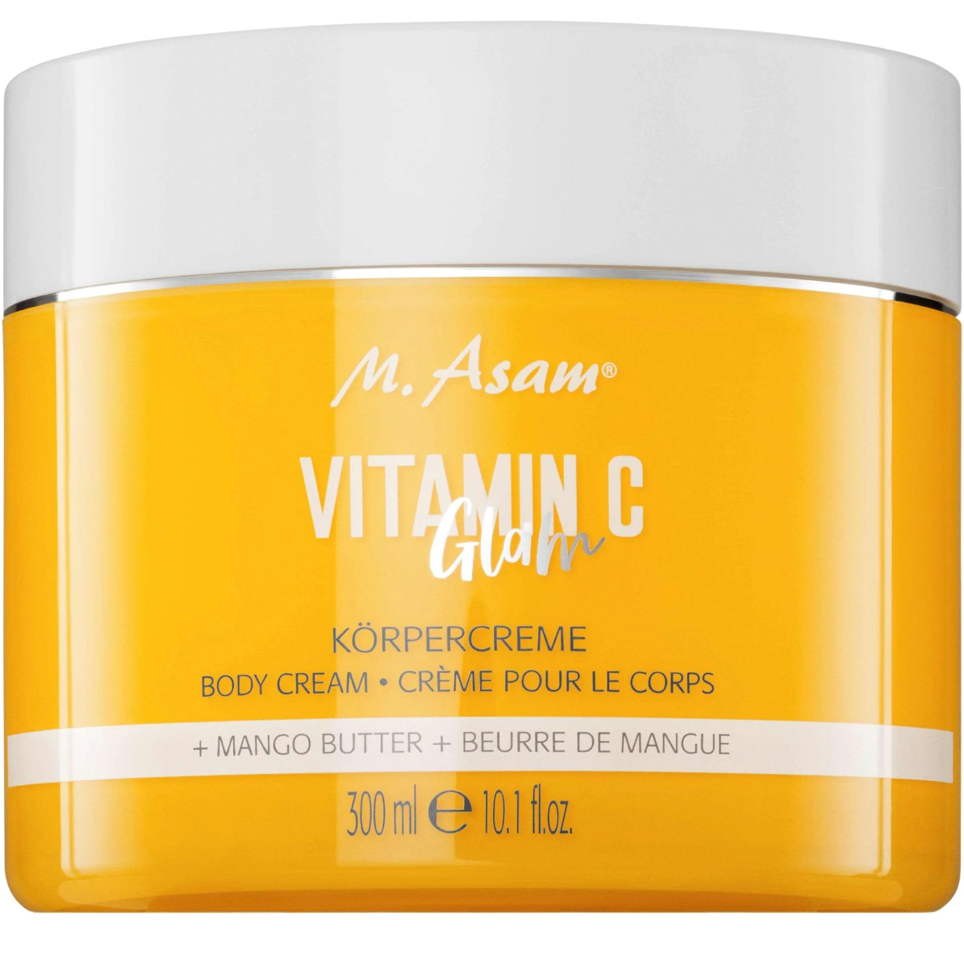 M. Asam Witamina C Glam krem do ciała (300 ml) – nawilżający i wygładzający balsam do ciała z masłem mango i olejkiem marakuja, chroni przed wysychaniem, delikatna tekstura z błyszczącymi cząsteczkami