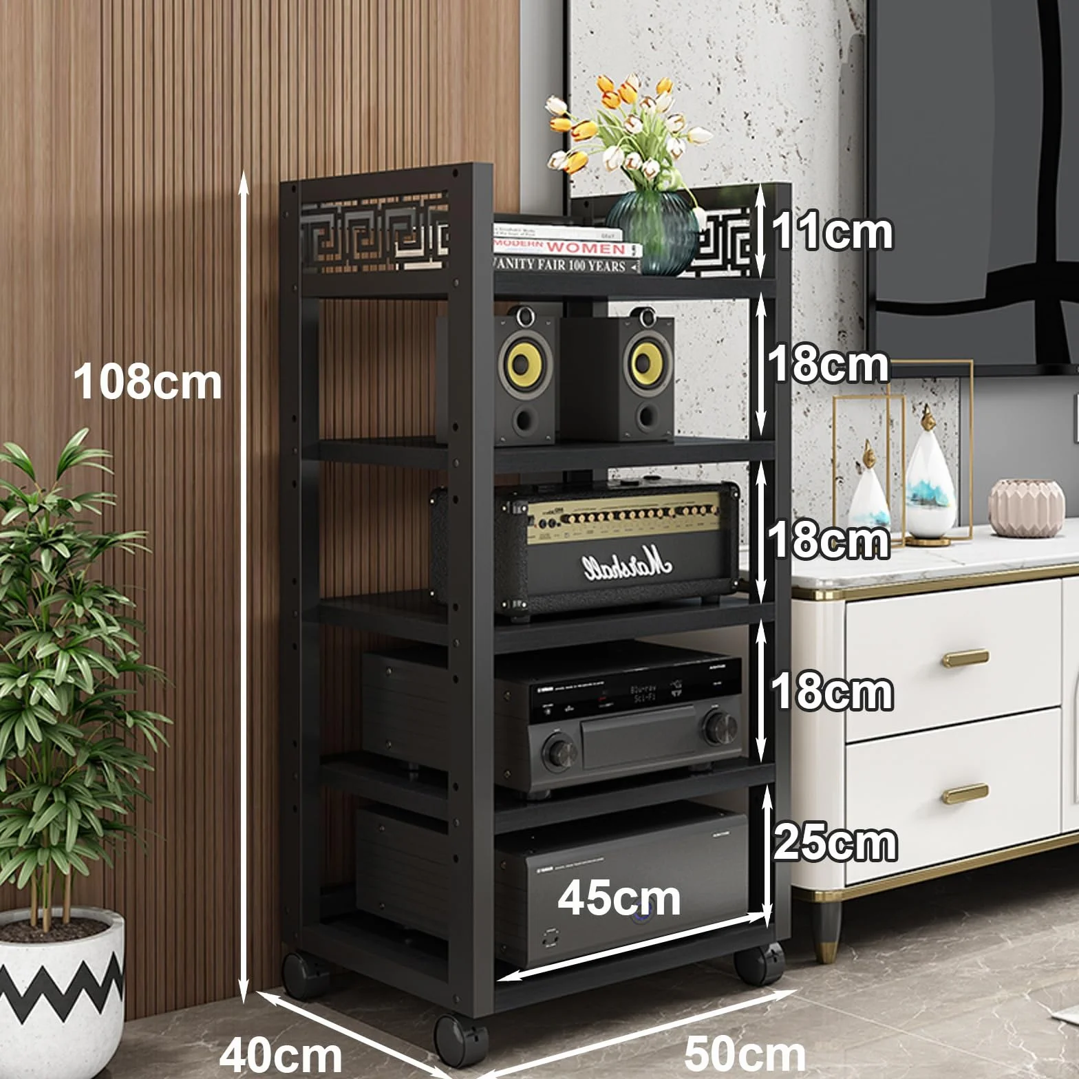 5-poziomowy narożny stojak multimedialny, regał na system gier, mobilna szafka AV, wieża audio z regulacją wysokości do domu/biura/audio wideo/DJ/teatru