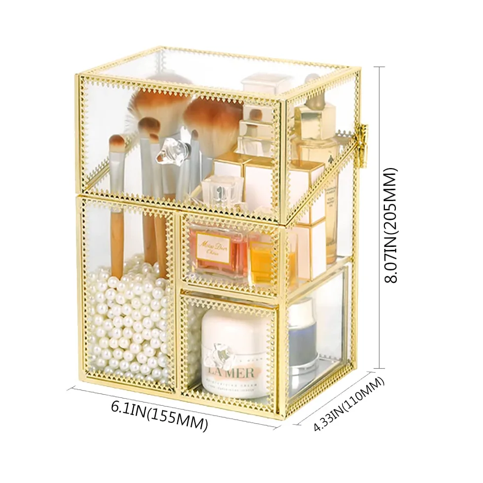 YUEHUA Wielofunkcyjny uchwyt na pędzle do makijażu, w stylu vintage, przezroczyste szkło, organizer na pędzle do przechowywania perfum, lakieru do paznokci, szminek, kremu do twarzy, pędzli do