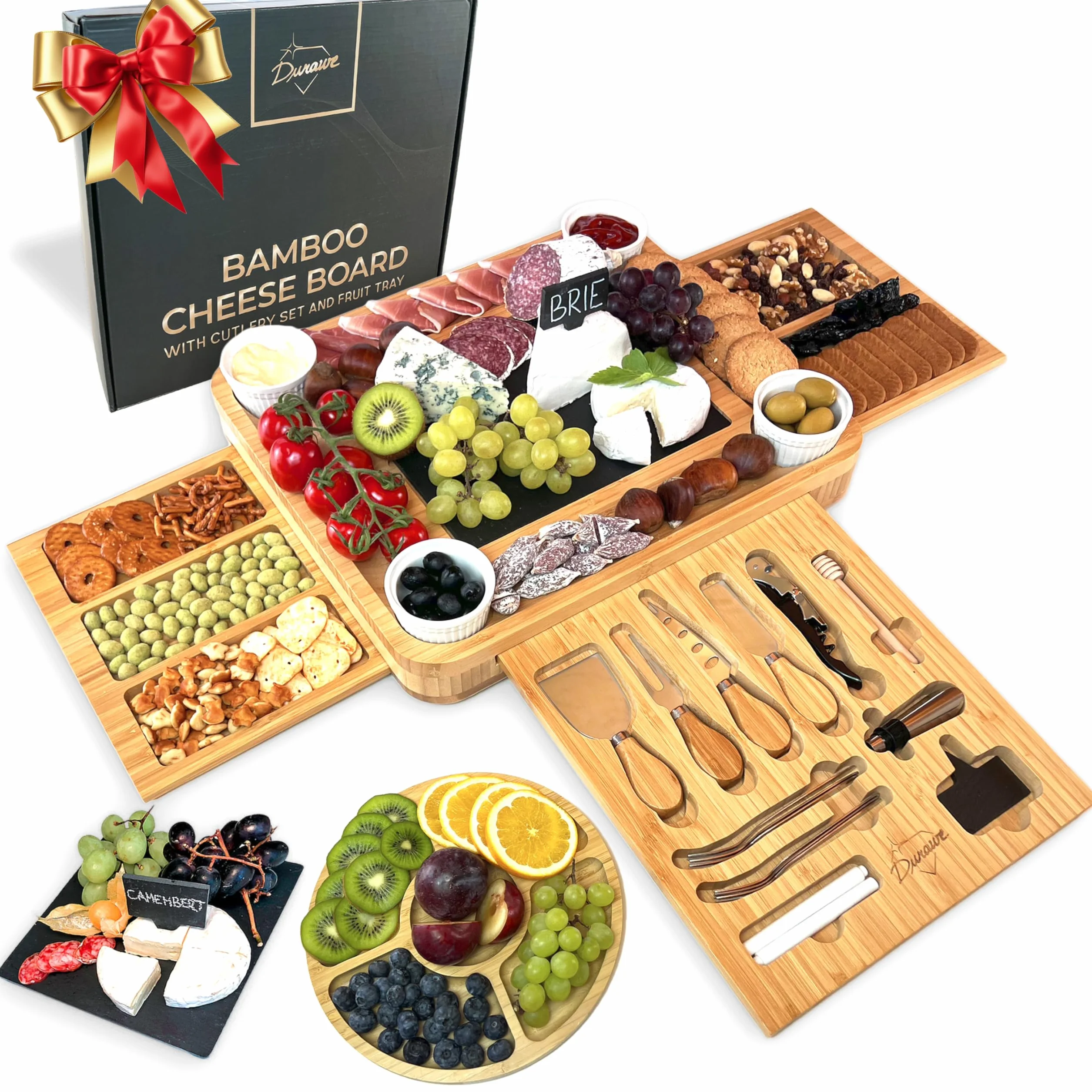 Bambusowa deska do sera i zestaw noży ceramiczne miski otwieracz do wina - 100% organiczna taca do serwowania, deska do wędlin, idealny wybór dla smakoszy, prezentów urodzinowych, prezentów ślubnych