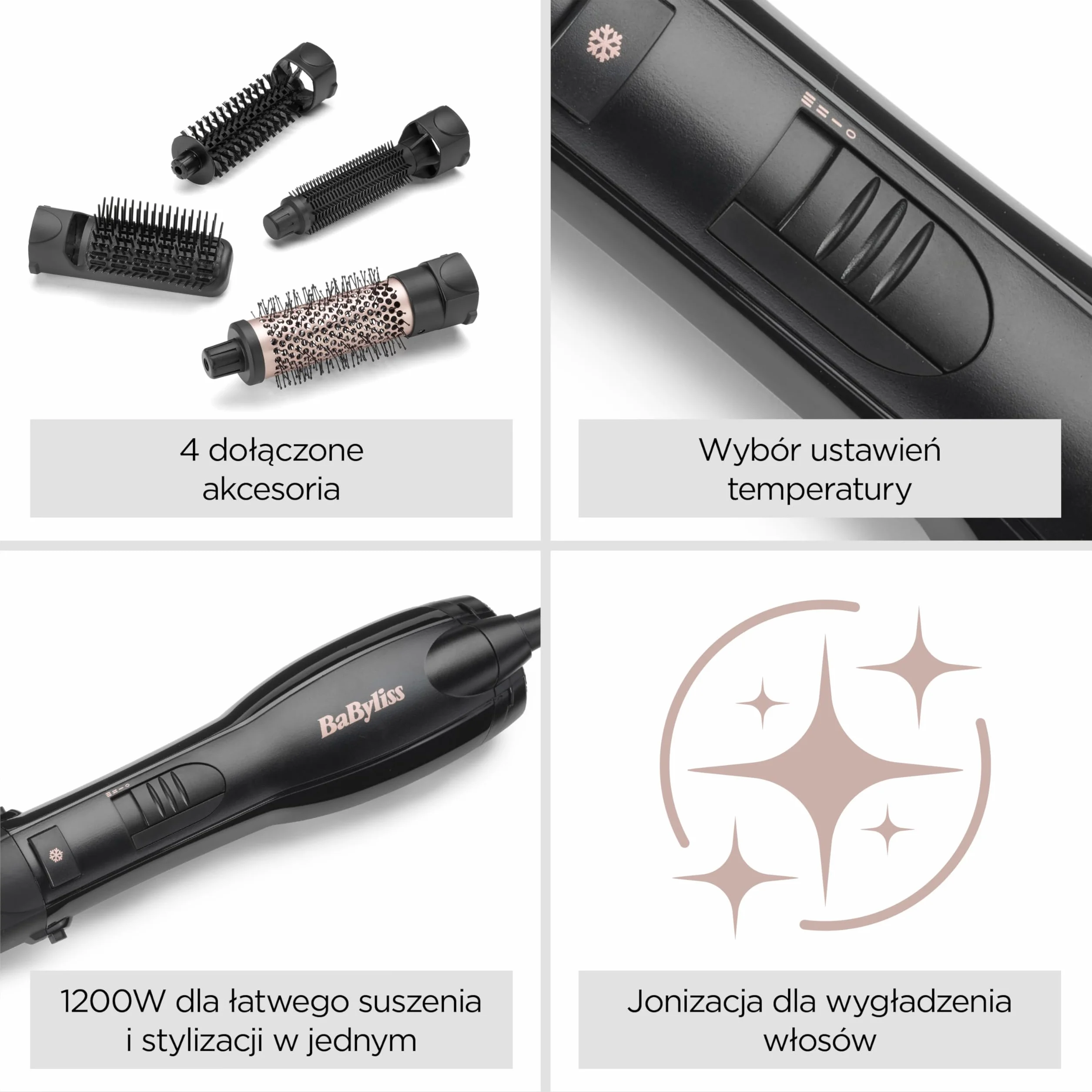 BaByliss Smooth Finish 1200 – Szczotka na Gorące Powietrze 4‑w‑1 do Suszenia, Wygładzania, Modelowania i Nadawania Objętości, Technologia Jonowa & Ceramiczna, 4 Końcówki, 1200W, Czarny/Różowy, AS122E