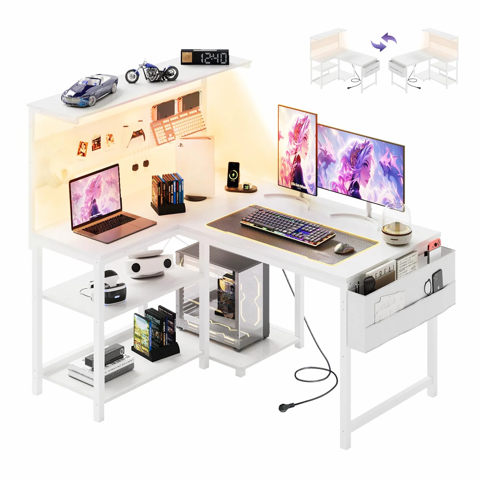 YOUDENOVA Biurko gamingowe w kształcie litery L z diodami LED, gniazdkiem i wejściem USB, dwustronne biurko narożne z regałem i ścianką perforowaną, 120 x 80 cm, biurko komputerowe z miejscem do