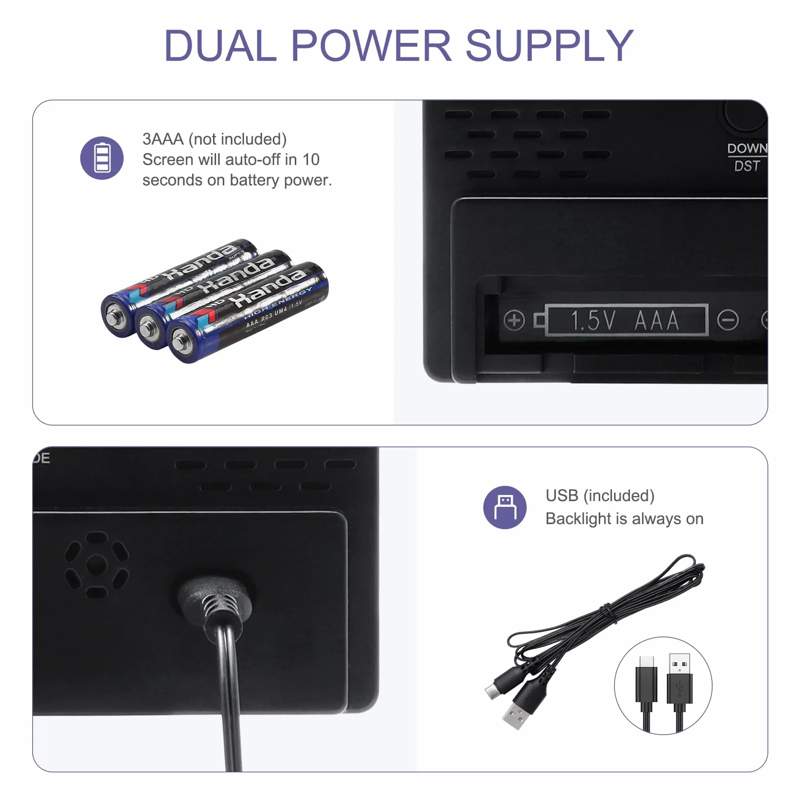 Cyfrowy budzik LED z dużym wyświetlaczem, zasilany USB/baterii, temperatura, drzemka, data, regulacja jasności, sterowanie głosowe