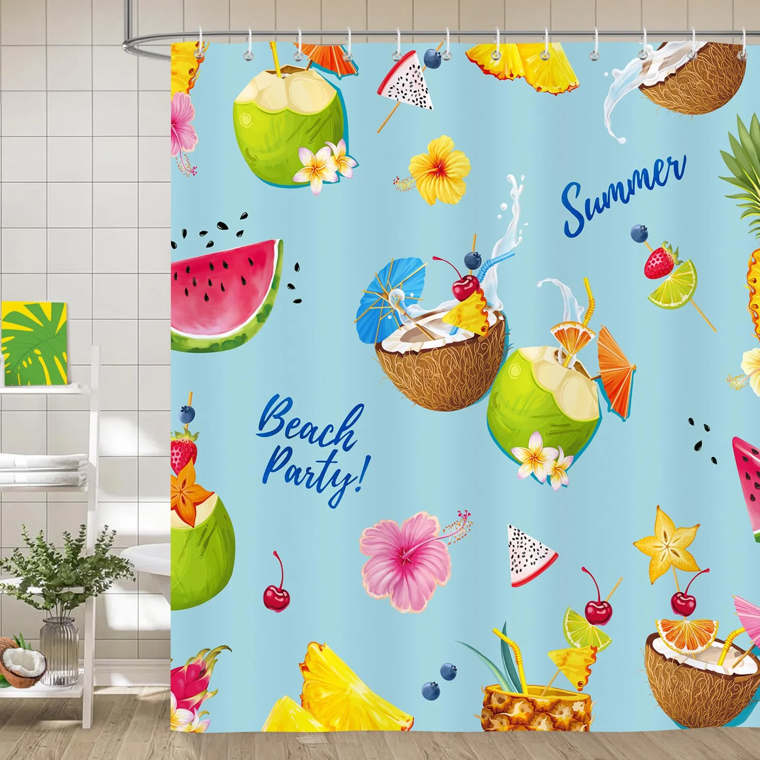 Bonhause Zasłona prysznicowa hawajski kokos ananas arbuz 183 x 183 cm tkanina poliestrowa wodoodporna z 12 haczykami