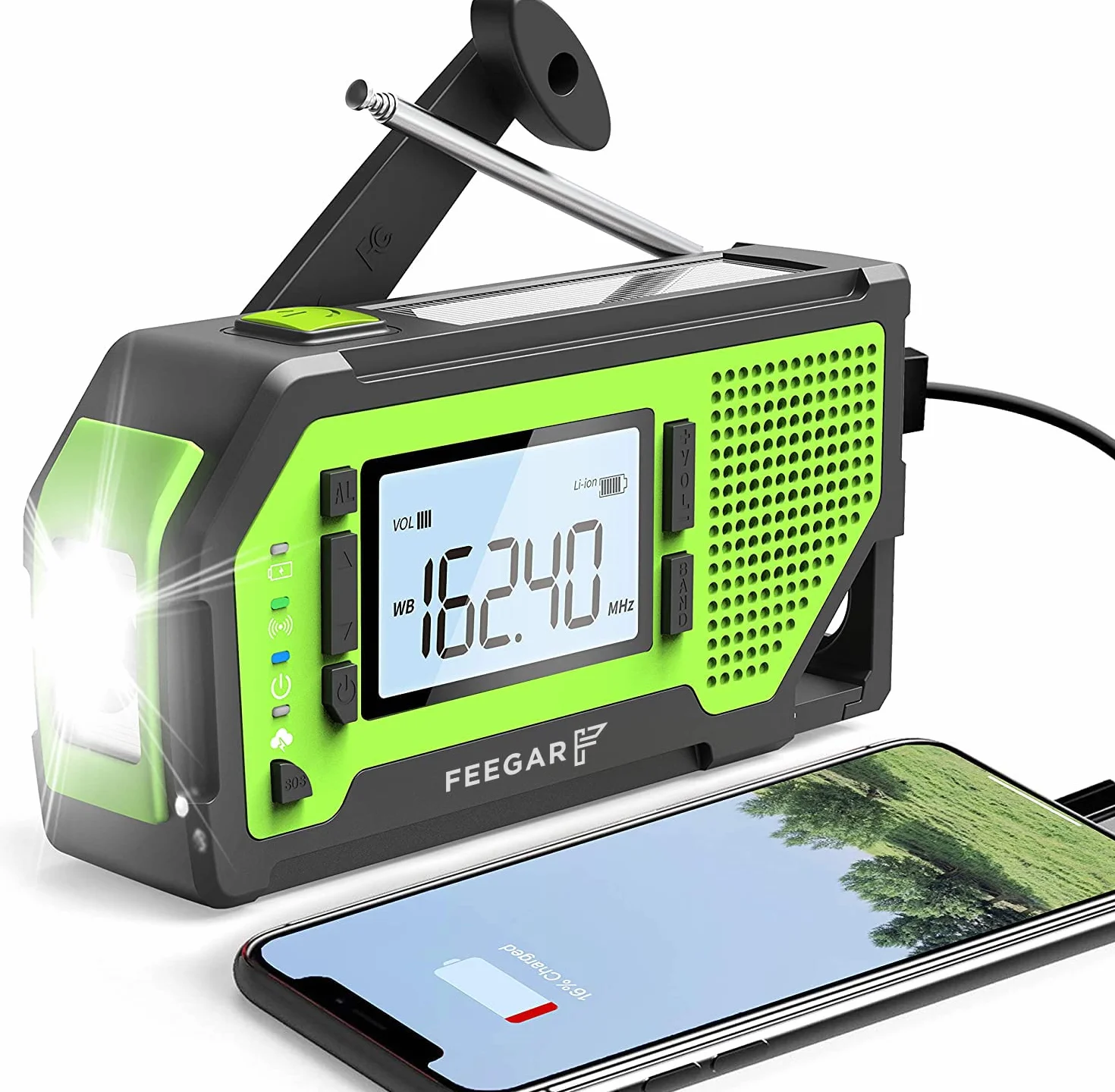 Radio z korbą Feegar Oze Pro na wypadek sytuacji awaryjnych, radio pogodowe AM/FM przenośne, survivalowe z latarką LED, powerbank 2000mAh, alarm SOS, USB, jack 3.5mm, otwieracz do butelek