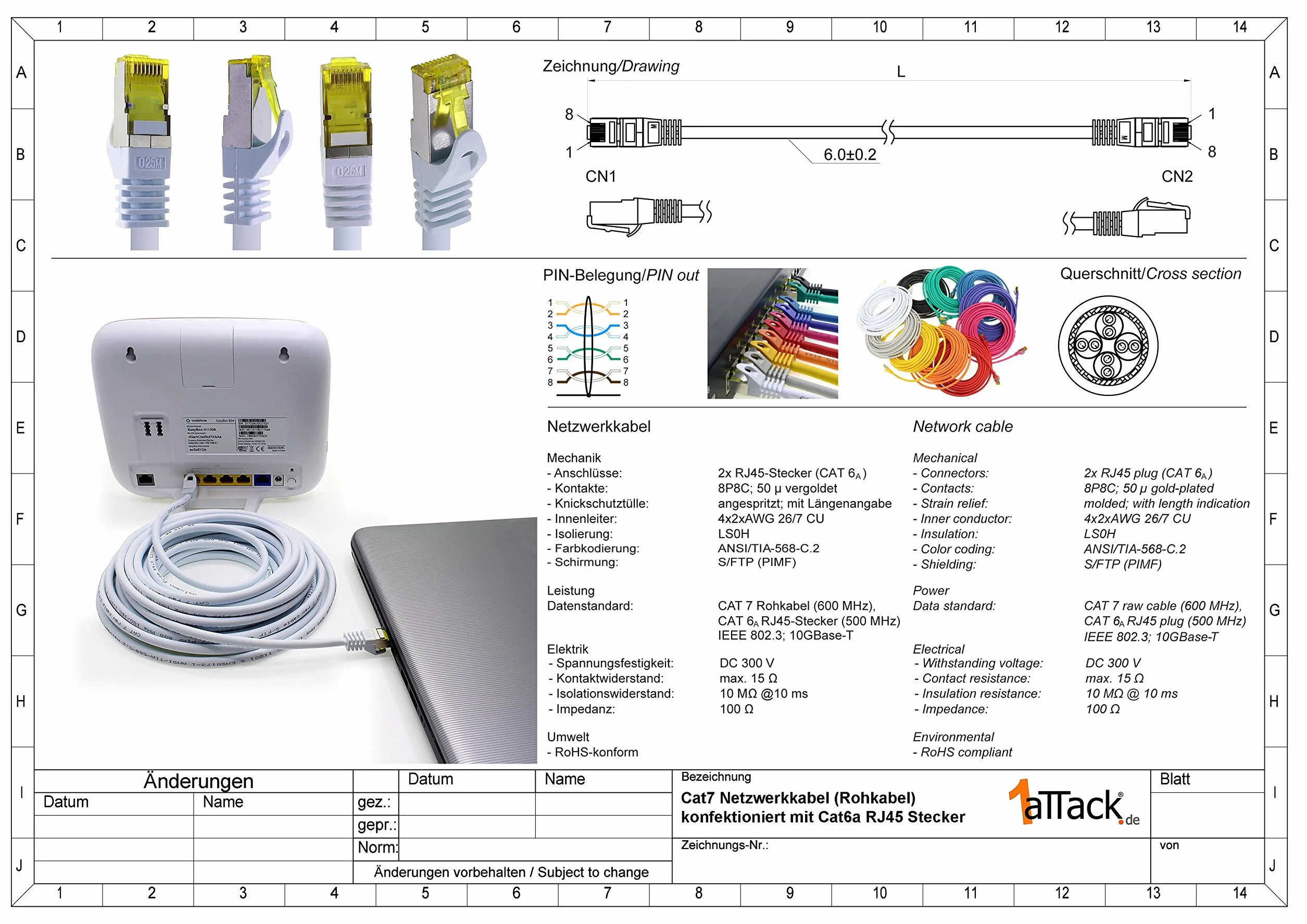 1aTTack.de Cat.7 kabel sieciowy 1m szary 1 sztuka Cat7 kabel Ethernet kabel sieciowy LAN kabel surowy 10 Gb/s SFTP PIMF LSZH zestaw kabel krosowy z wtyczką Rj 45 Cat.6a