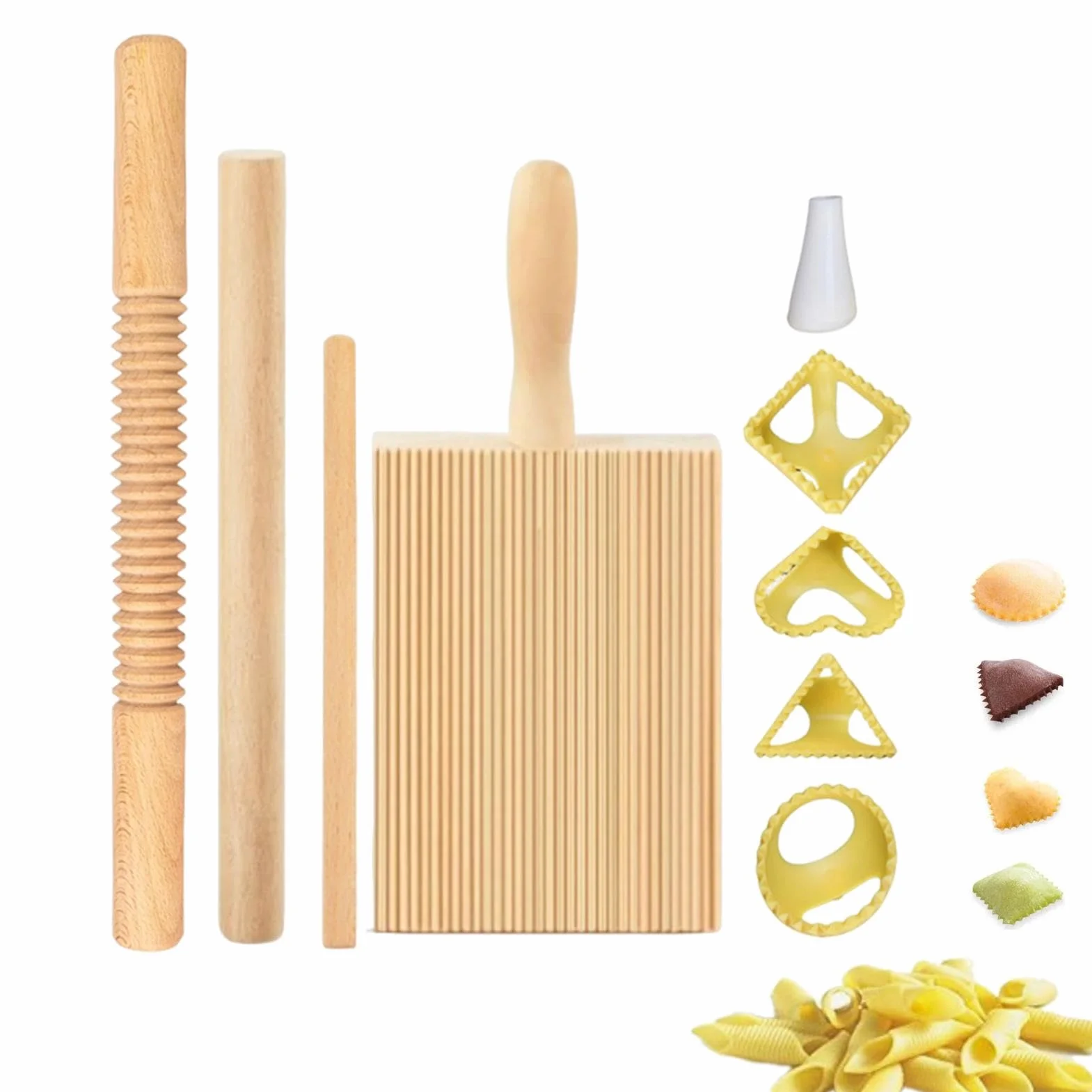Pasta Making Kit, Wooden Threaded Rolling Pin Board, 8X Dumpling Maker Ravioli Stamp, Making Accessories for Spaghetti, Noodles, Lasagnette, Authentic Homemade Pasta Tools
