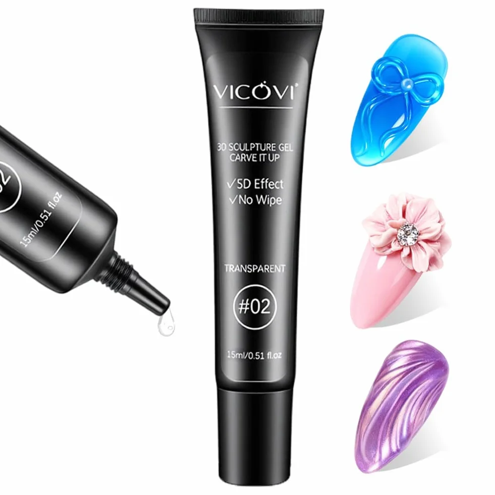 LOPHE Żel 3D Nail Art 15 ml, wielofunkcyjny żel do paznokci strasu, klej charms do rzeźbienia paznokci, modelowania paznokci, chromowany proszek do paznokci